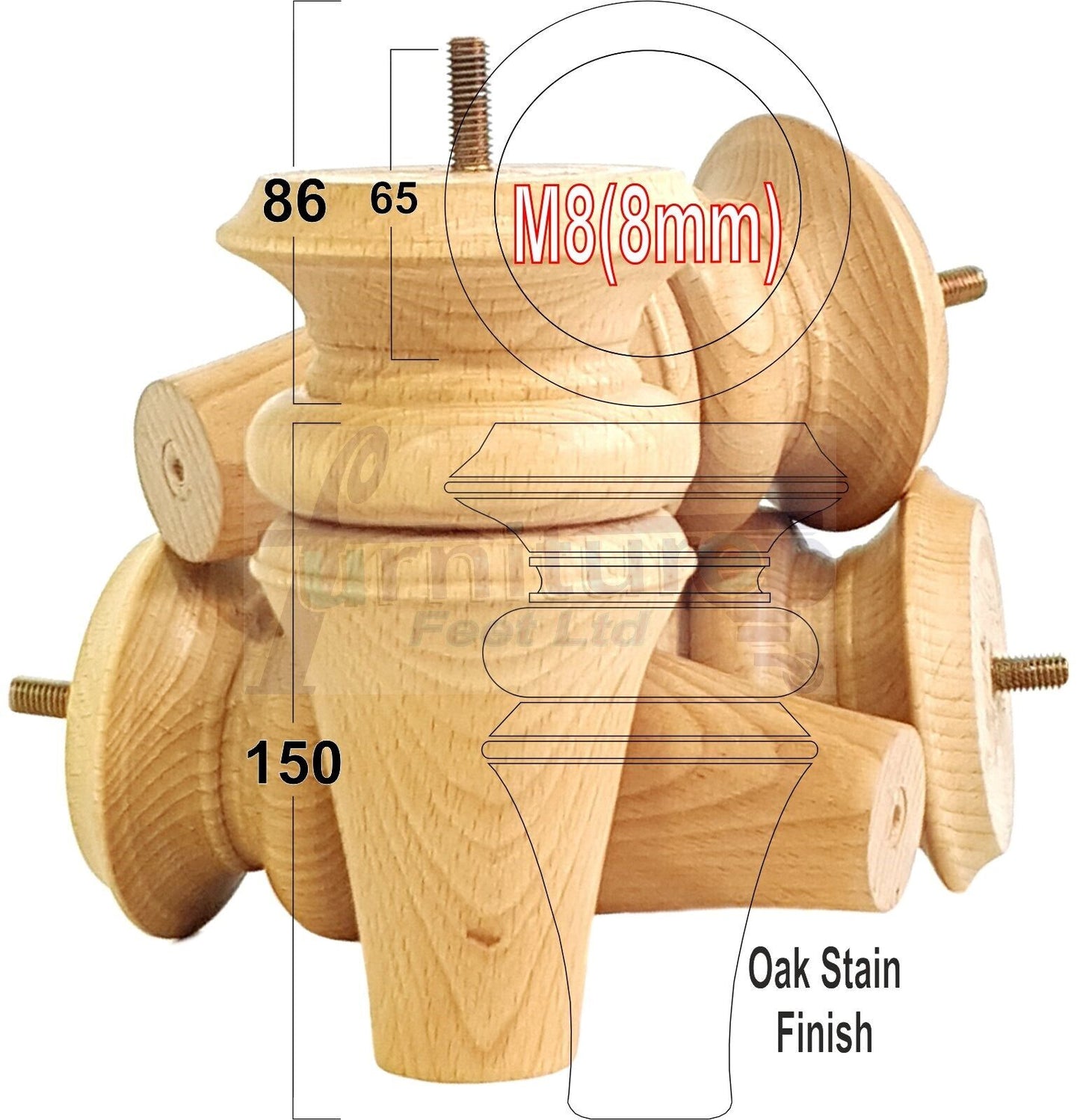 4x Turned Furniture Legs 150mm High M8(8mm) Replacement Feet