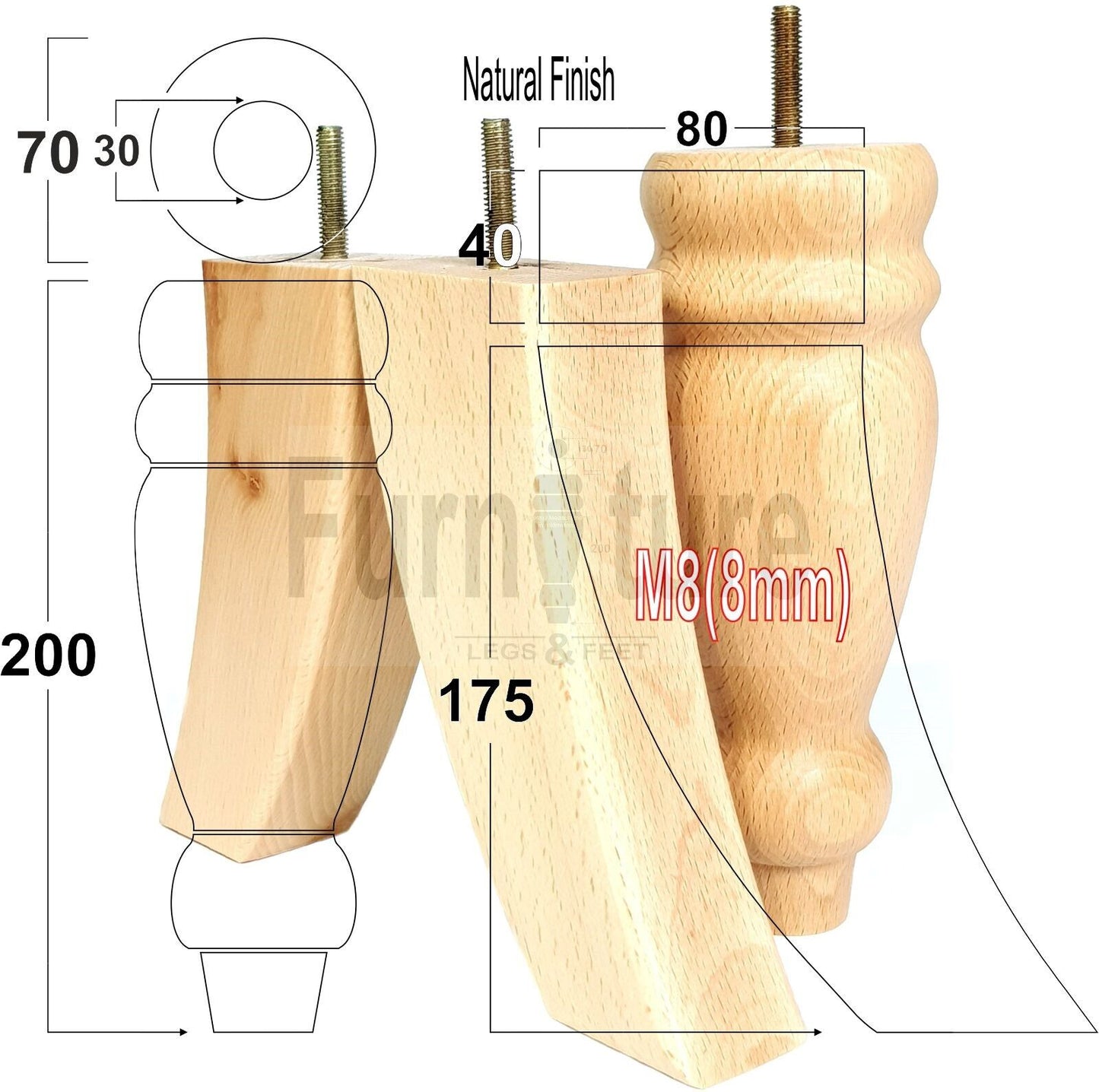 2 Turned Furniture Feet Replacement Sofa Legs 200mm & 2 Curved Back Legs 185mm for Chairs Sofa Settee Cabinets M8