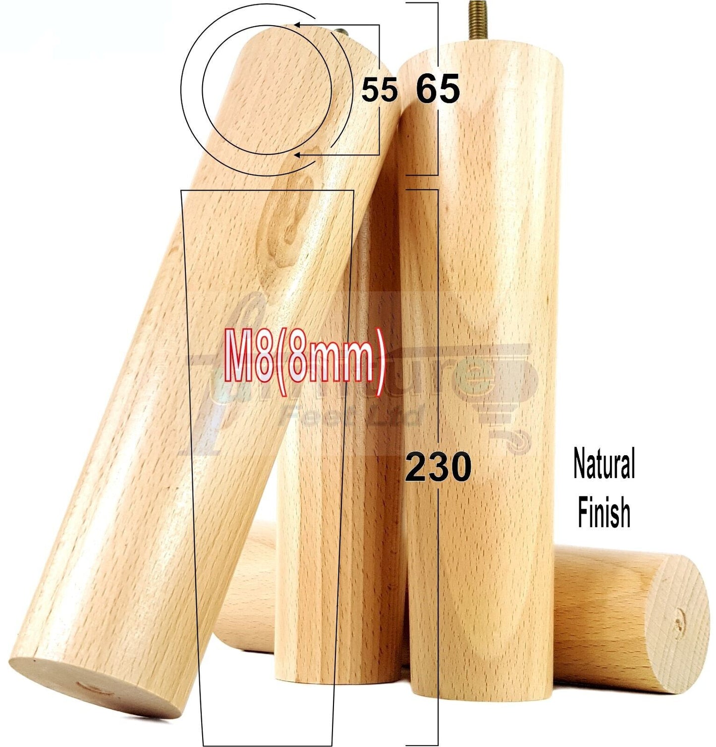 4 Solid Wood Turned Furniture Legs Replacement Bun Feet 230mm High Chairs Stools Sofa Bed Legs Settee & Cabinets M8 Multiple Colours