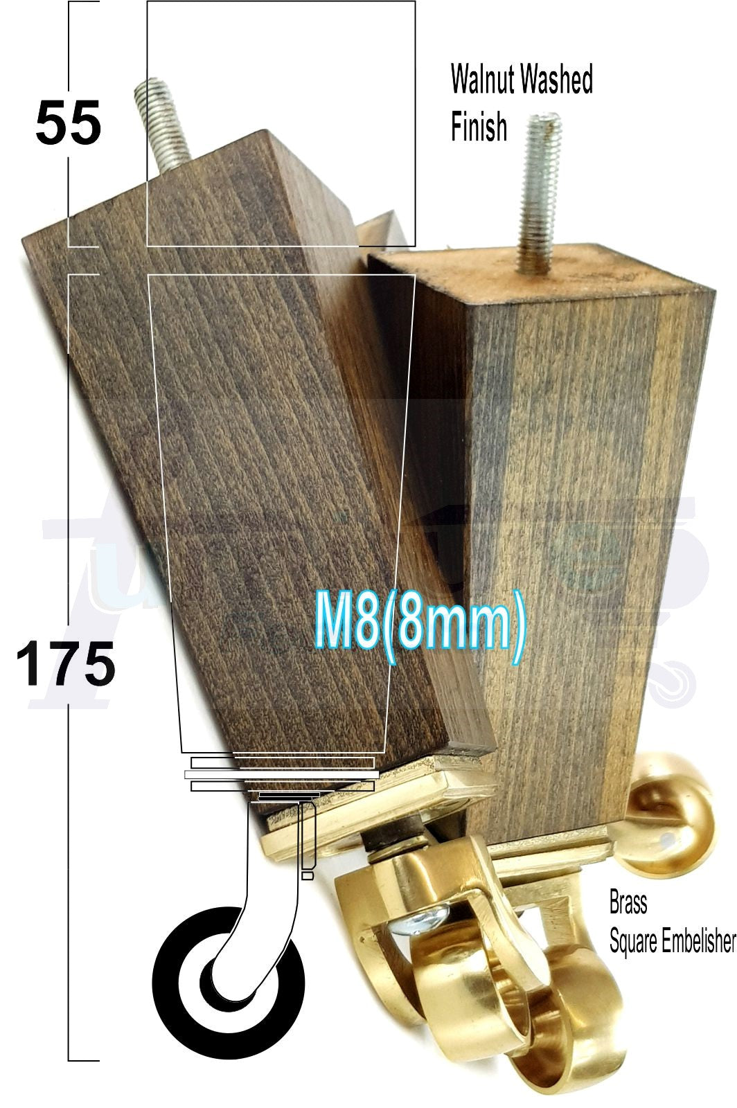 4x Solid Wood Furniture Legs Chair Sofa Bed Replacement Feet 175mm High With Brass Castors 8mm Thread