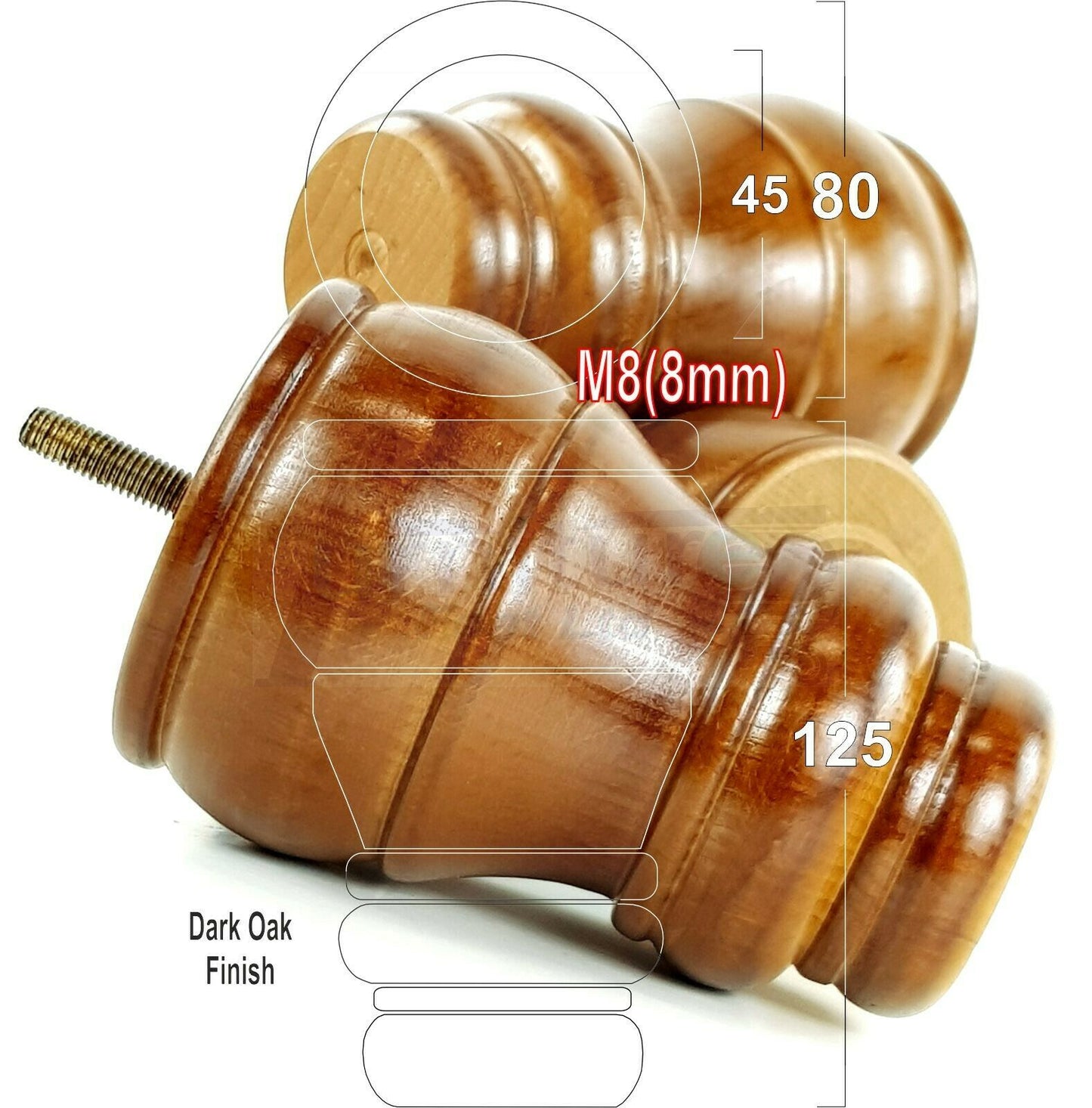 4 Turned Wood Furniture Chair Legs M8 Replacement Sofa Settee Feet 125mm High
