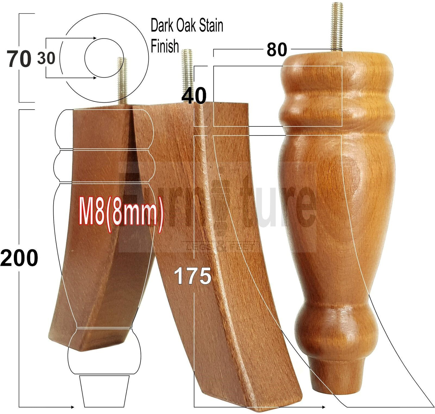 2 Turned Furniture Feet Replacement Sofa Legs 200mm & 2 Curved Back Legs 185mm for Chairs Sofa Settee Cabinets M8