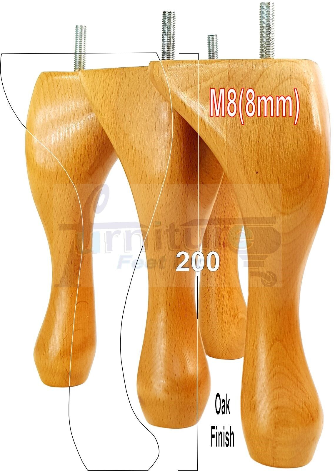 4 Solid Wood Furniture Feet 200mm High Vintage Queen Anne Replacement Legs M8 8 Inches