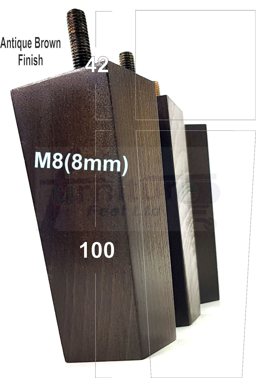 4x Solid Wood Block Furniture Legs Replacement Square Feet 100mm High M8(8mm)