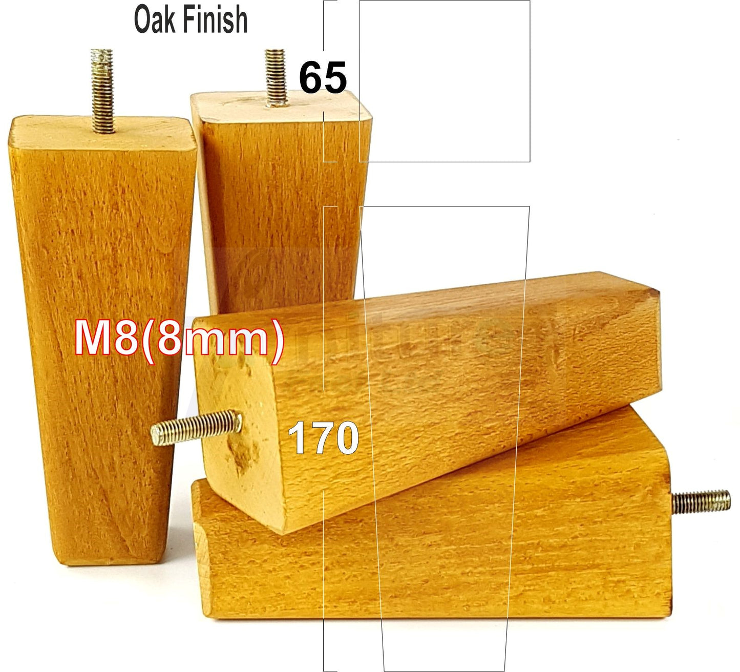 4x Wooden Furniture Legs 170mm High Replacement Square Tapered Feet 8mm