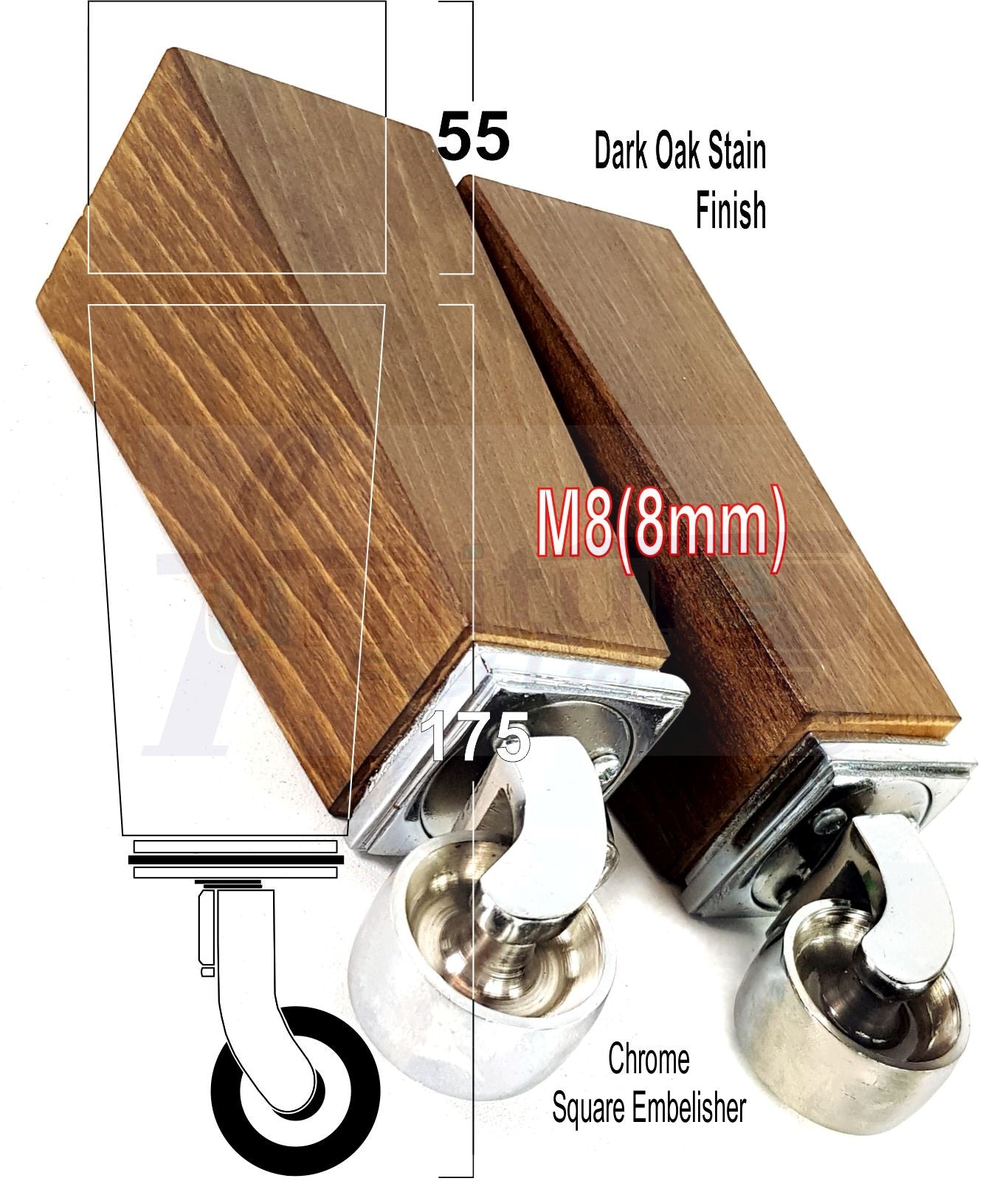 4x Solid Wood Furniture Legs Chair Sofa Bed Replacement Feet 175mm High With Chrome Castors 8mm Thread