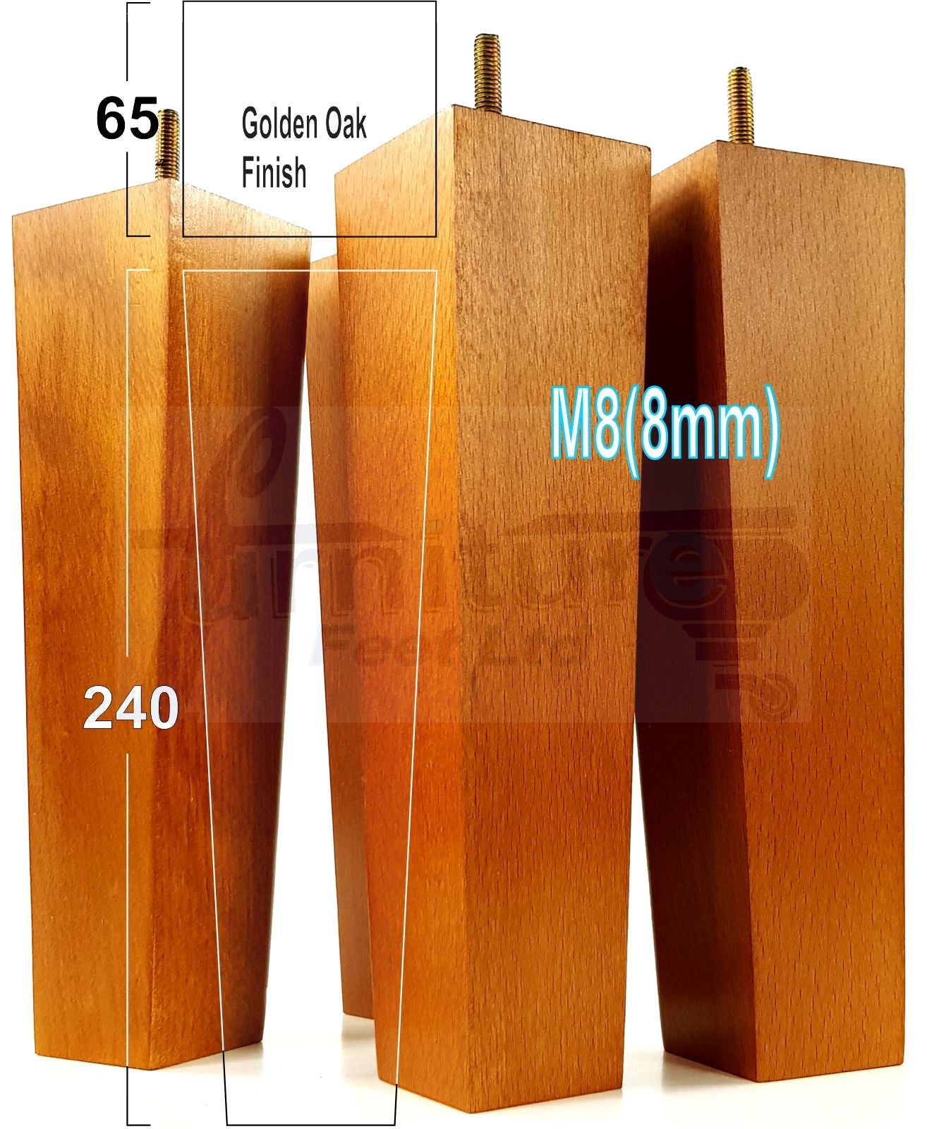 4 Solid Wood Furniture Feet Square Replacement Block Tapered Legs 240mm High M8 Sofa Chairs Stools Cabinets Beds