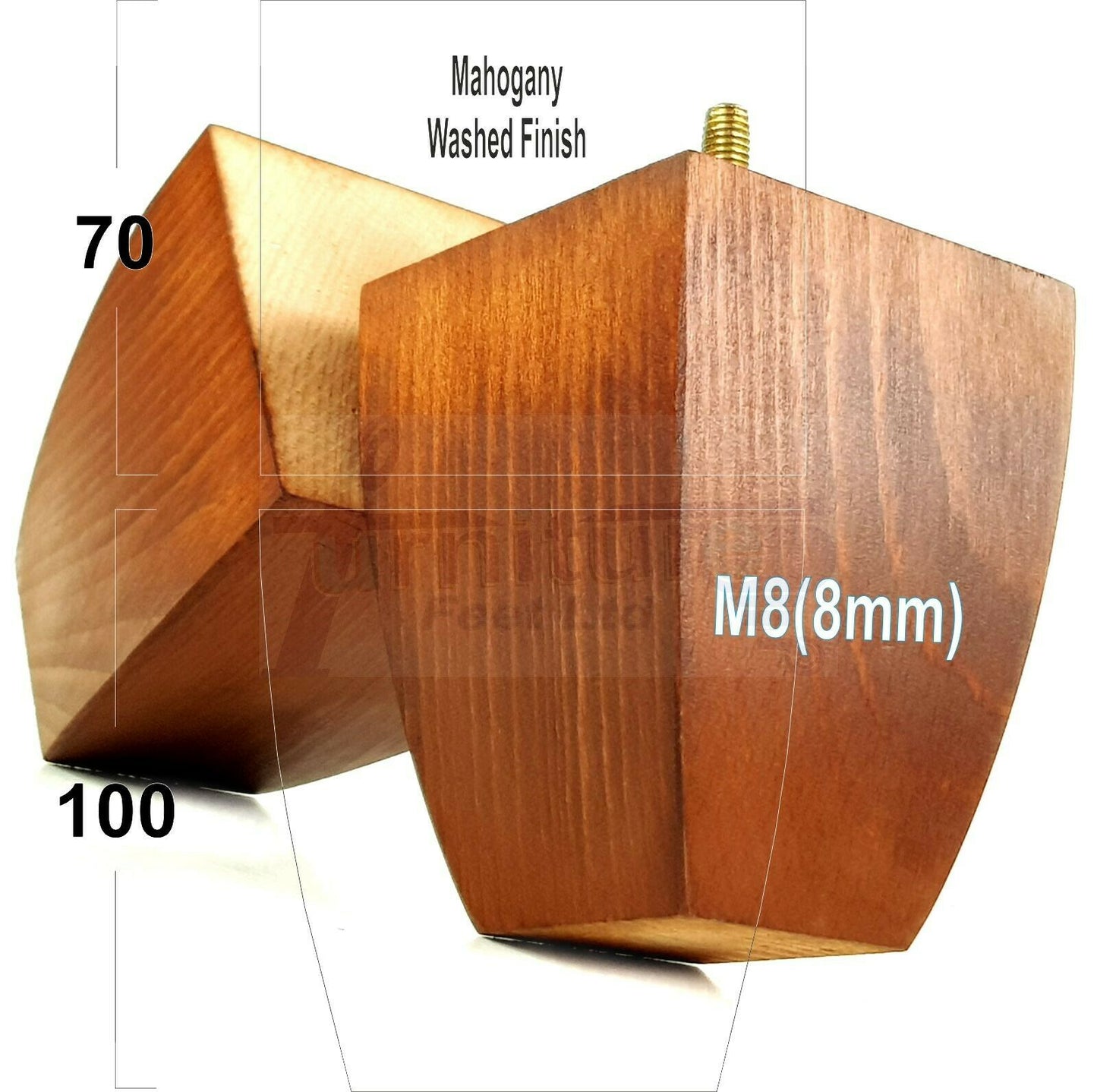 Set Of 4 Solid Wood Square Block Furniture Feet Replacement Legs 100mm High M8(8mm)