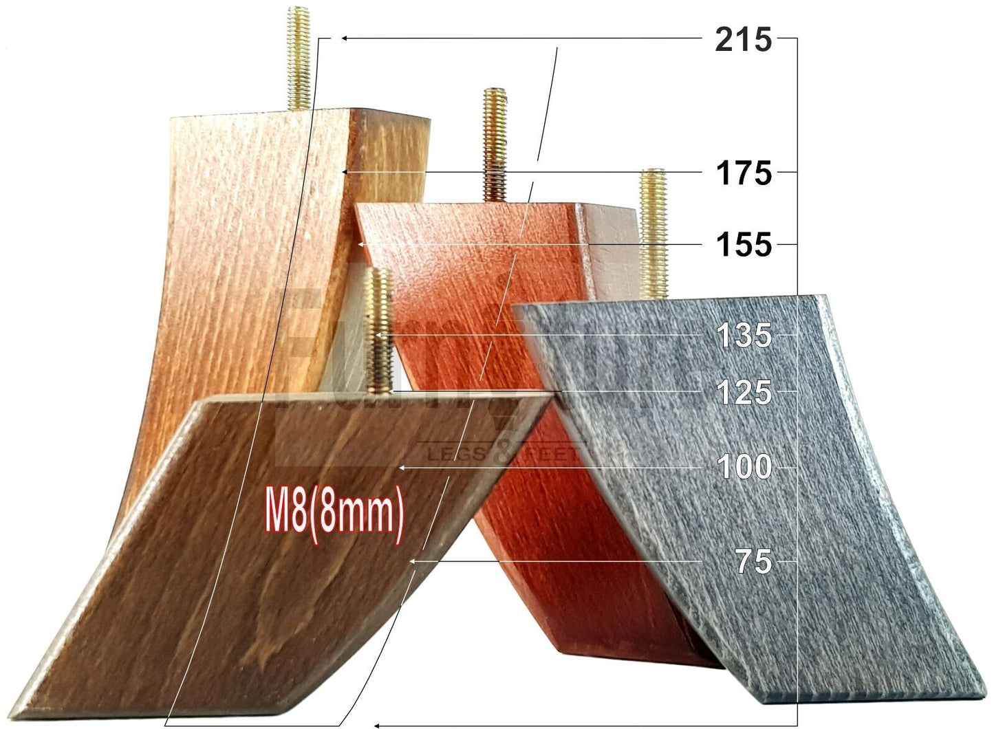 SET OF 4 WOODEN FURNITURE FEET 75mm HIGH REPLACEMENT SOFA LEGS 8mm Thread