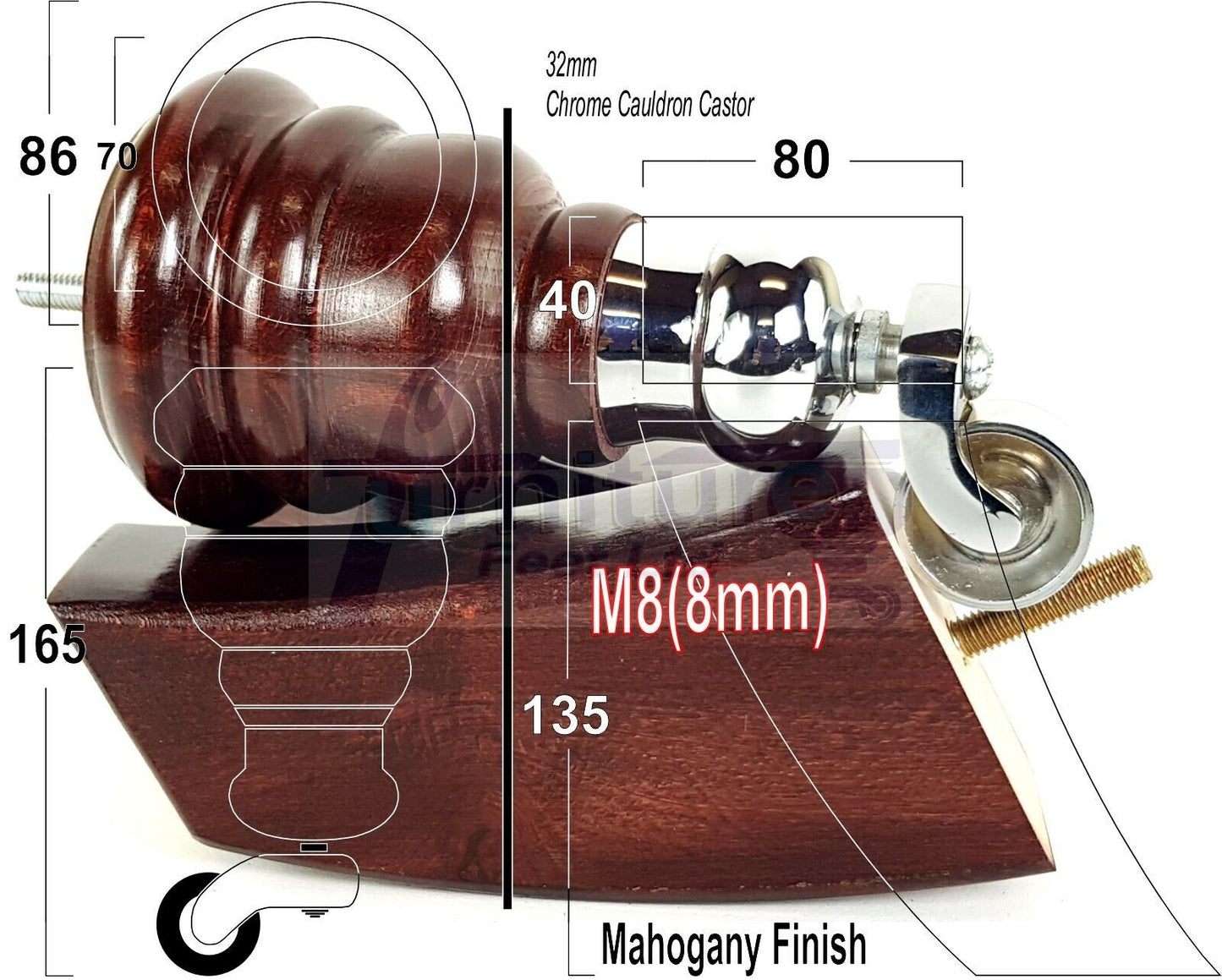 2 Replacement Wood Furniture Legs With Castors & 2 Curved Feet 155mm Chair Sofa Stool M8