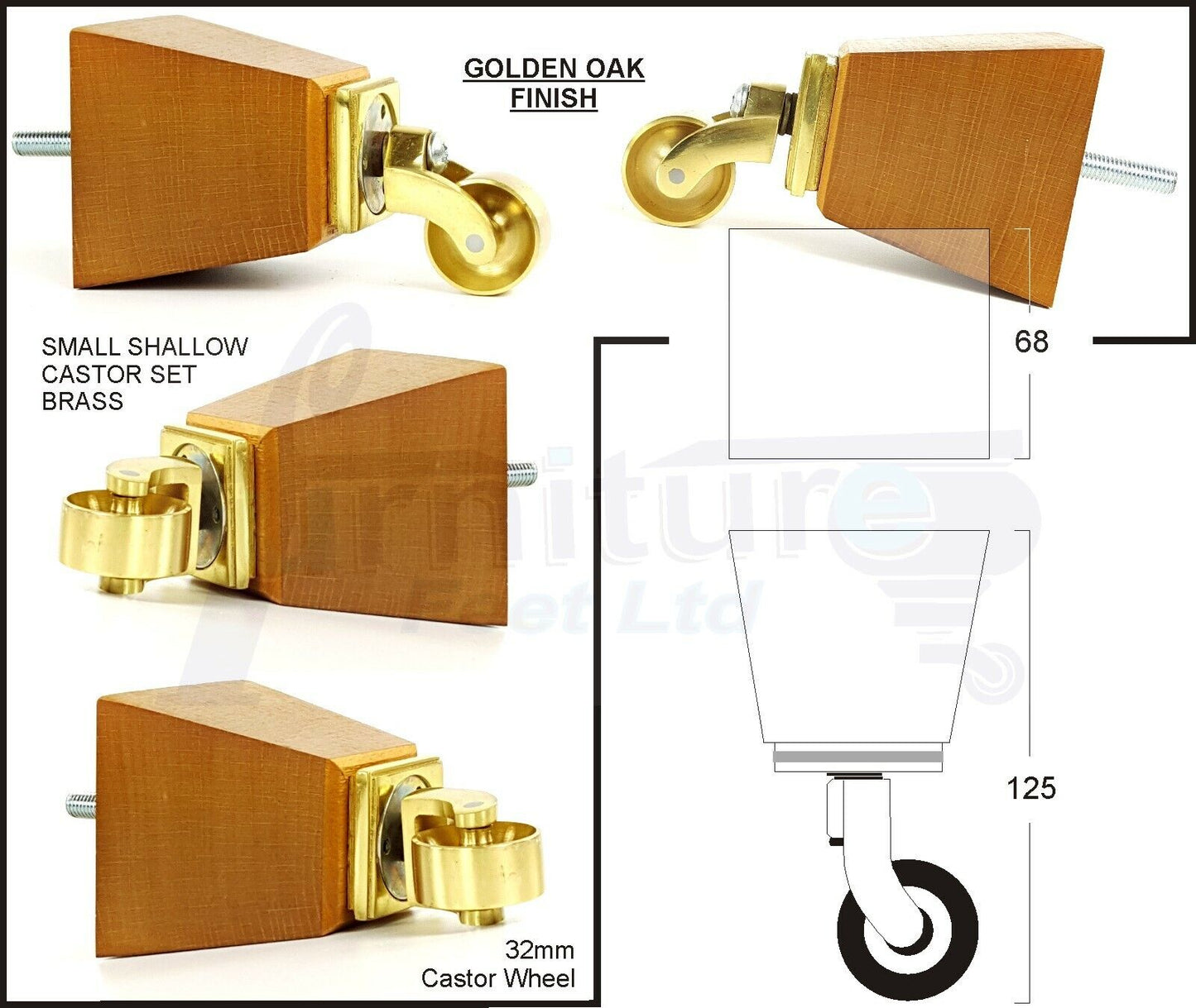 Set Of 4 Wooden Turned Replacement Furniture Legs 125mm High With Brass Castor Wheels 8mm Thread
