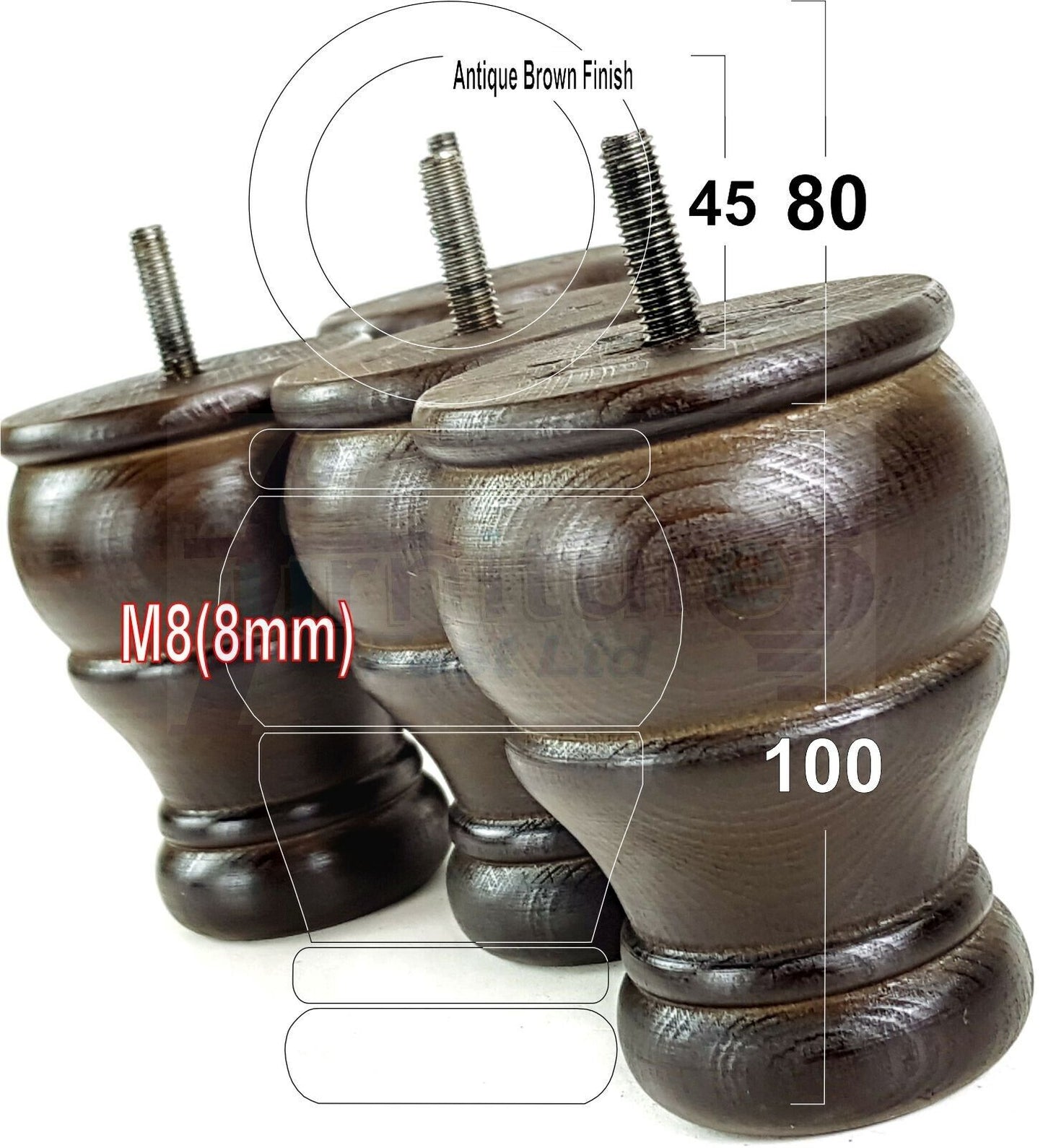 4 Turned Wood Furniture Chair Legs M8 Replacement Sofa Settee Chair Bed Feet 100mm High