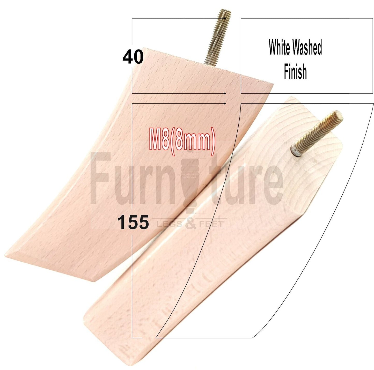 SET OF 4 WOODEN FURNITURE FEET 155mm HIGH REPLACEMENT SOFA LEGS 8mm Thread