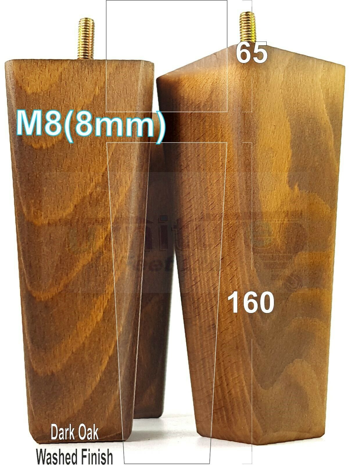 4x Wooden Furniture Legs 160mm High Replacement Square Tapered Feet 8mm
