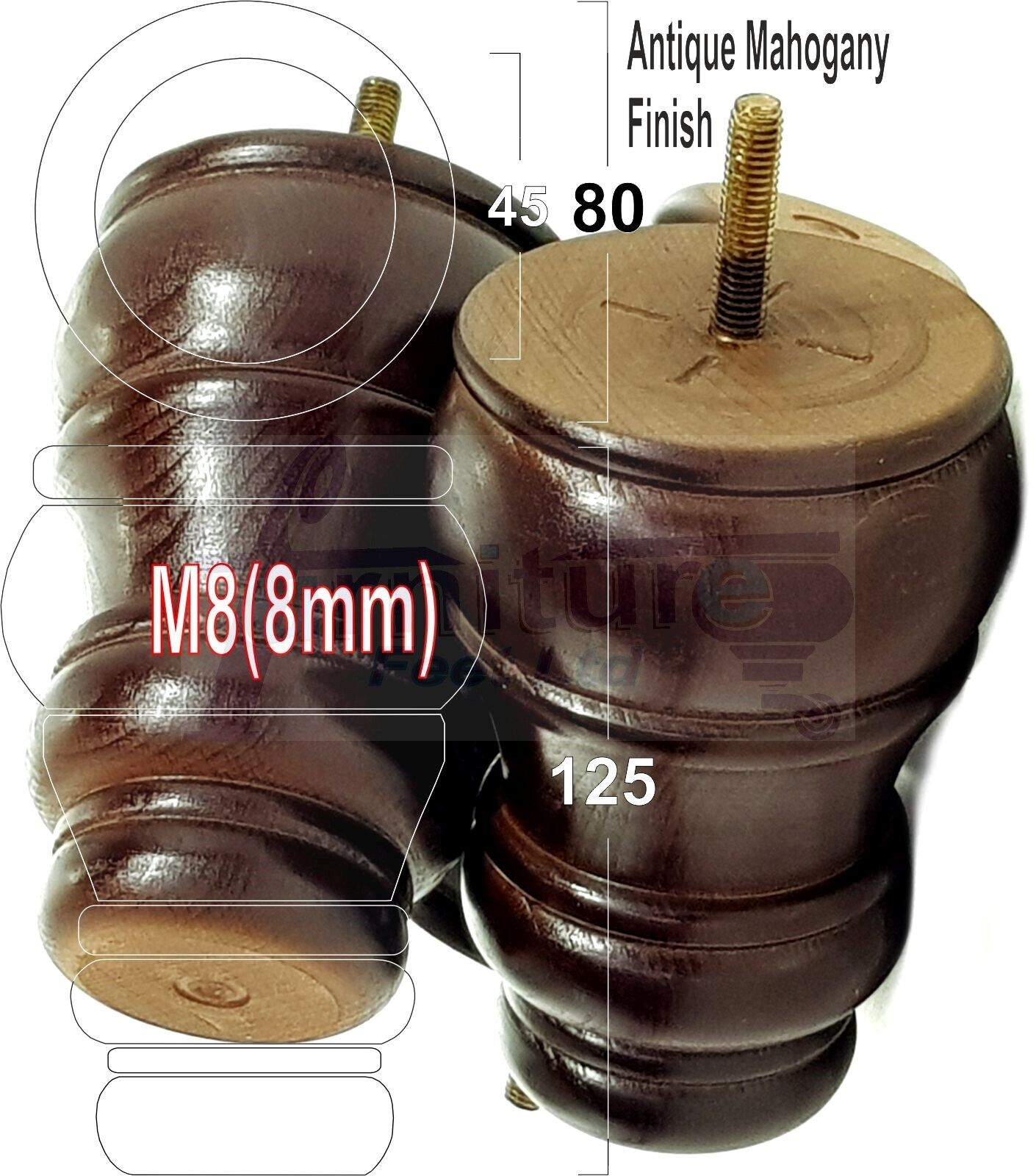 4 Turned Wood Furniture Chair Legs M8 Replacement Sofa Settee Feet 125mm High