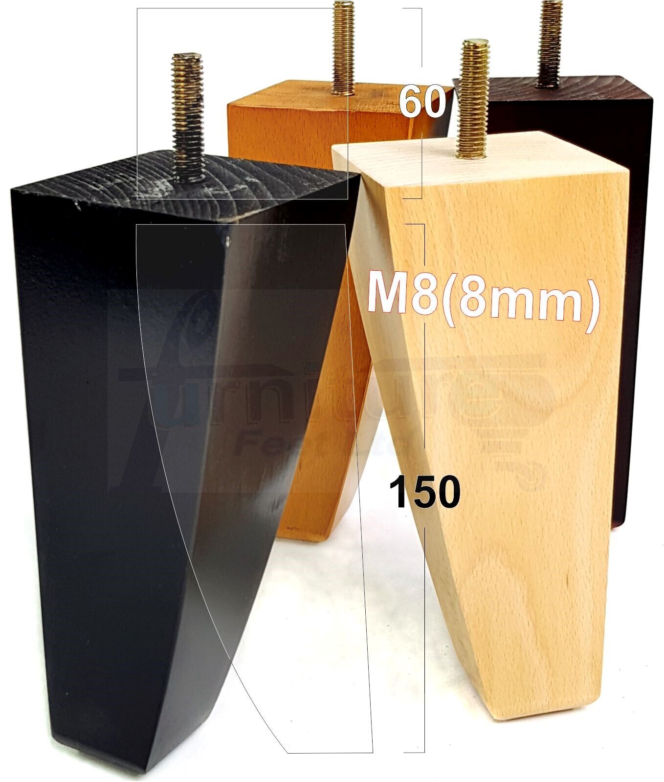 4x Tapered Square Furniture Legs Sofa Feet M8 for Chairs, Settees 150mm High