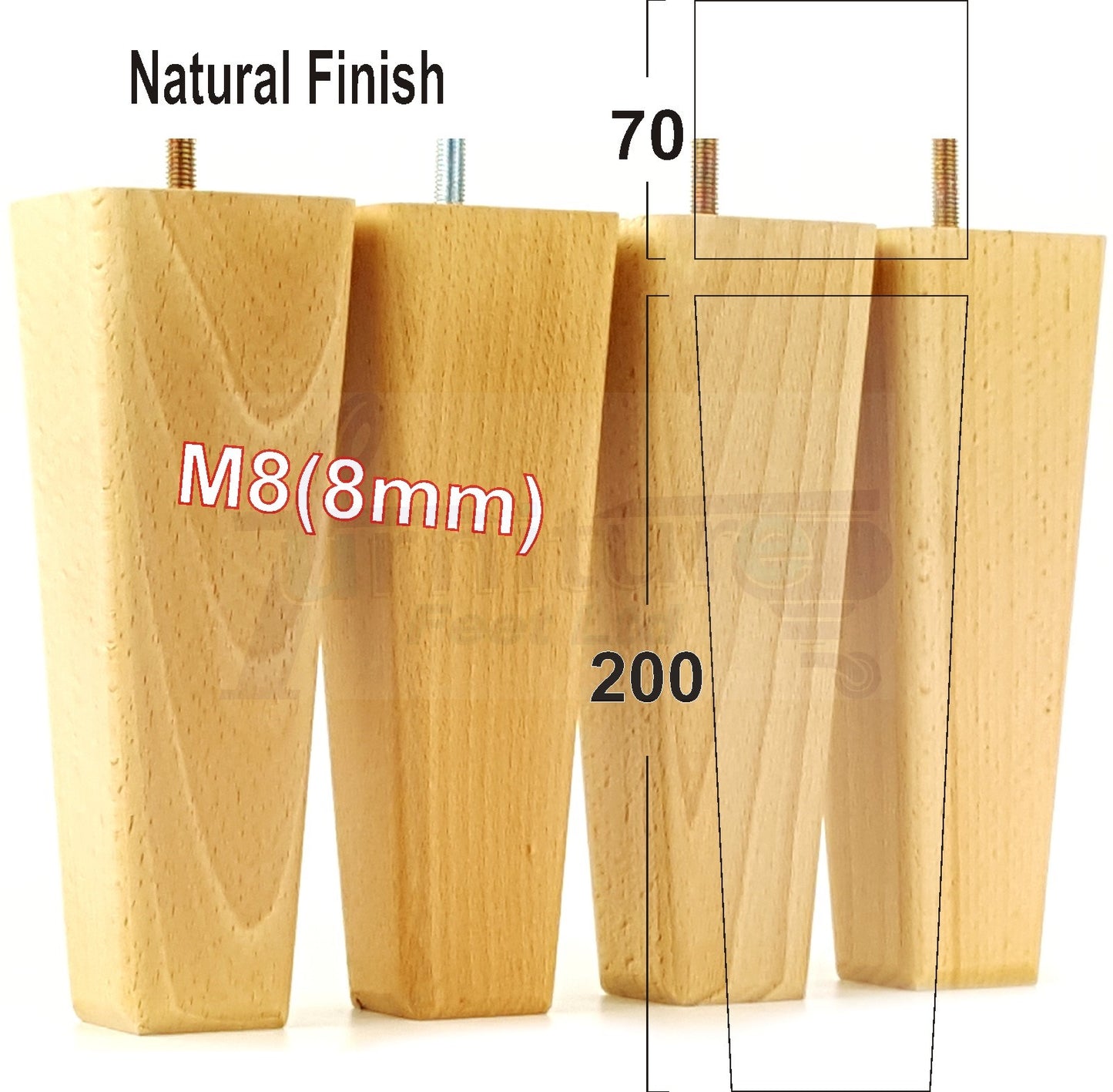 4x Wooden Furniture Legs 200mm High Replacement Square Tapered Feet 8mm