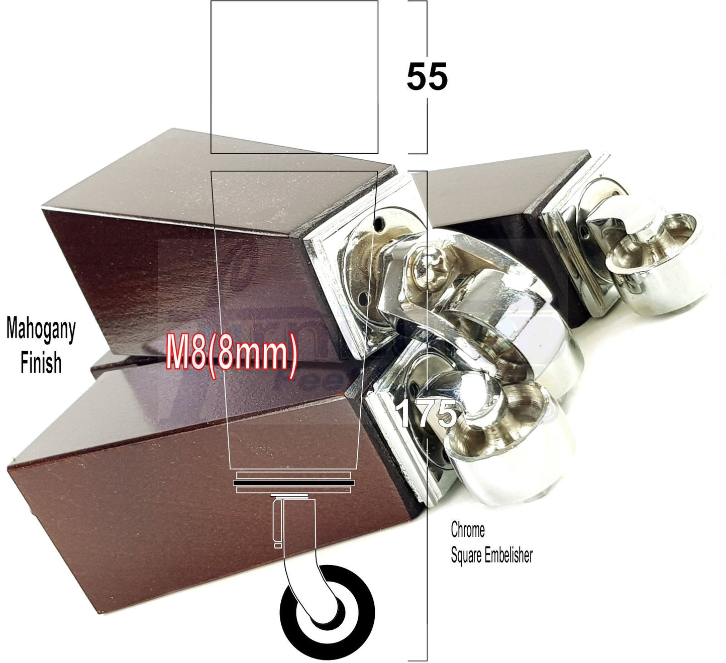 4x Solid Wood Furniture Legs Chair Sofa Bed Replacement Feet 175mm High With Chrome Castors 8mm Thread
