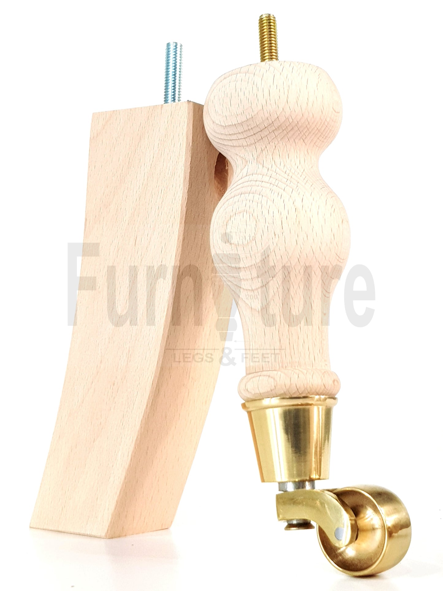 2x Turned Wood Furniture Feet With Brass Castor 155mm and 2 Curved Back Legs 6 Inches 8mm Thread