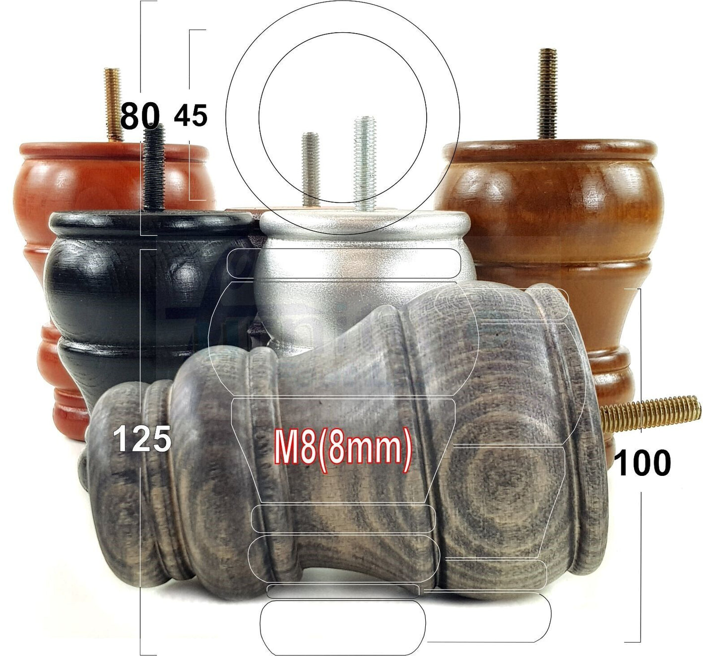 4 Turned Wood Furniture Chair Legs M8 Replacement Sofa Settee Feet 125mm High