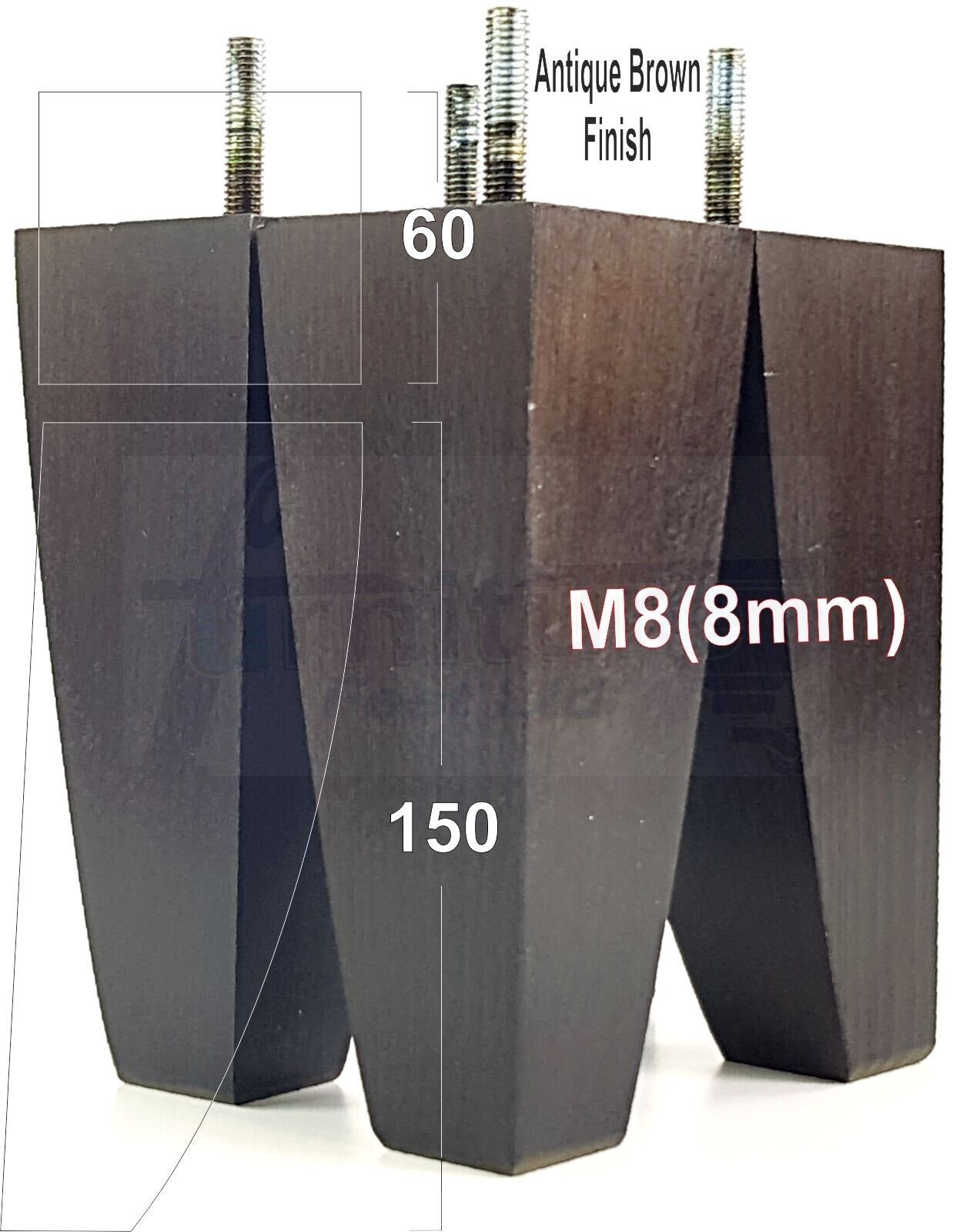 4x Tapered Square Furniture Legs Sofa Feet M8 for Chairs, Settees 150mm High