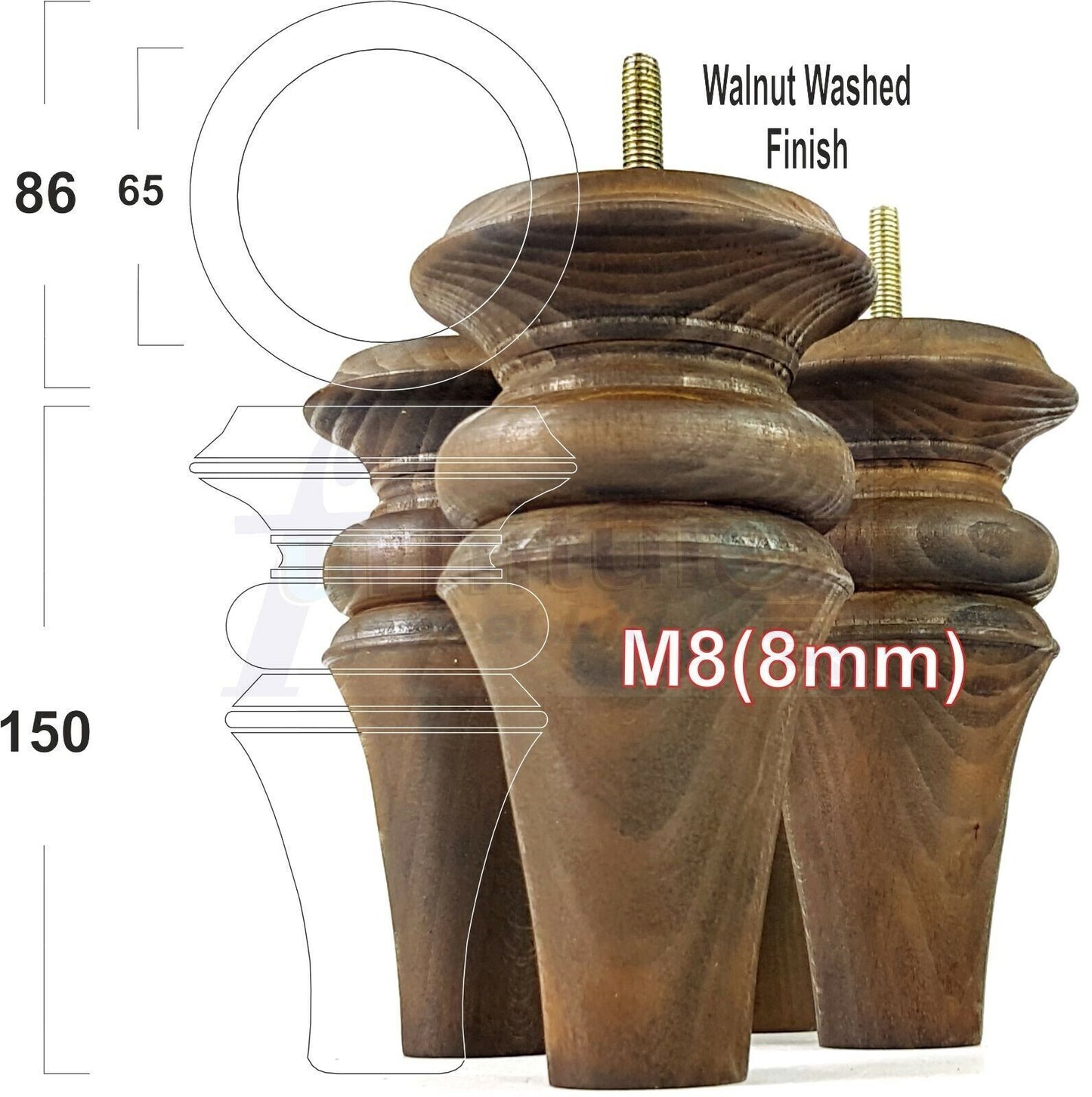 4x Turned Furniture Legs 150mm High M8(8mm) Replacement Feet