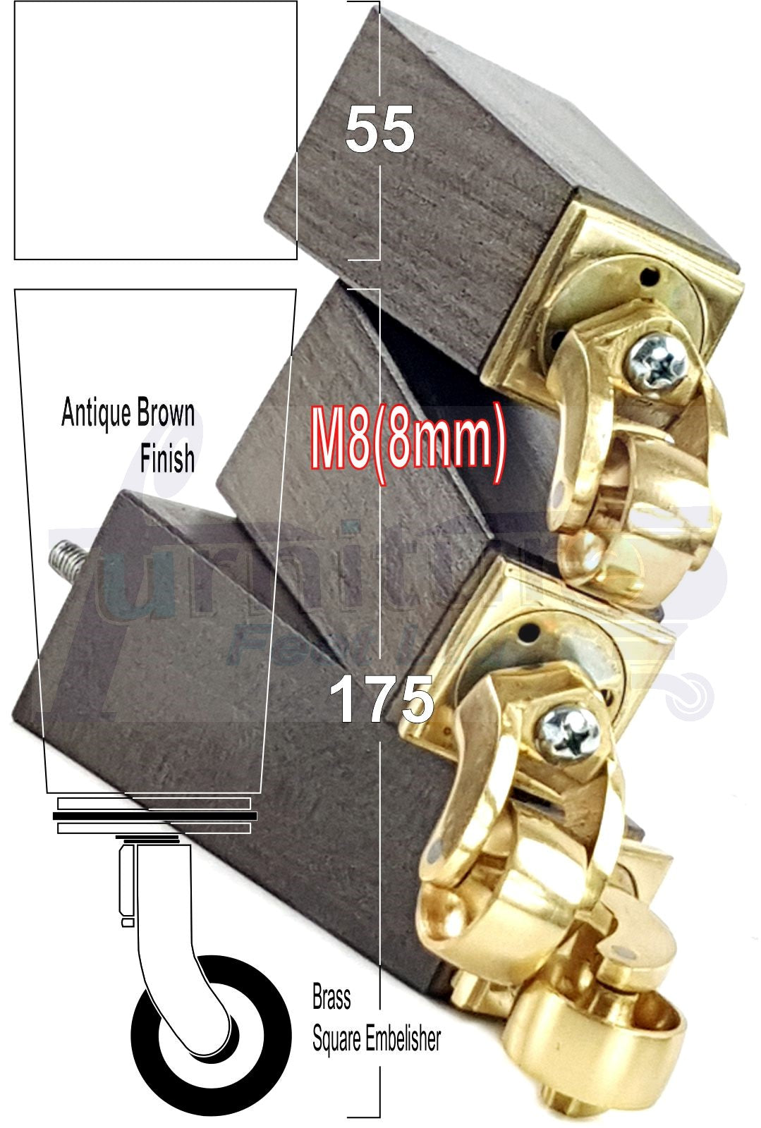 4x Solid Wood Furniture Legs Chair Sofa Bed Replacement Feet 175mm High With Brass Castors 8mm Thread