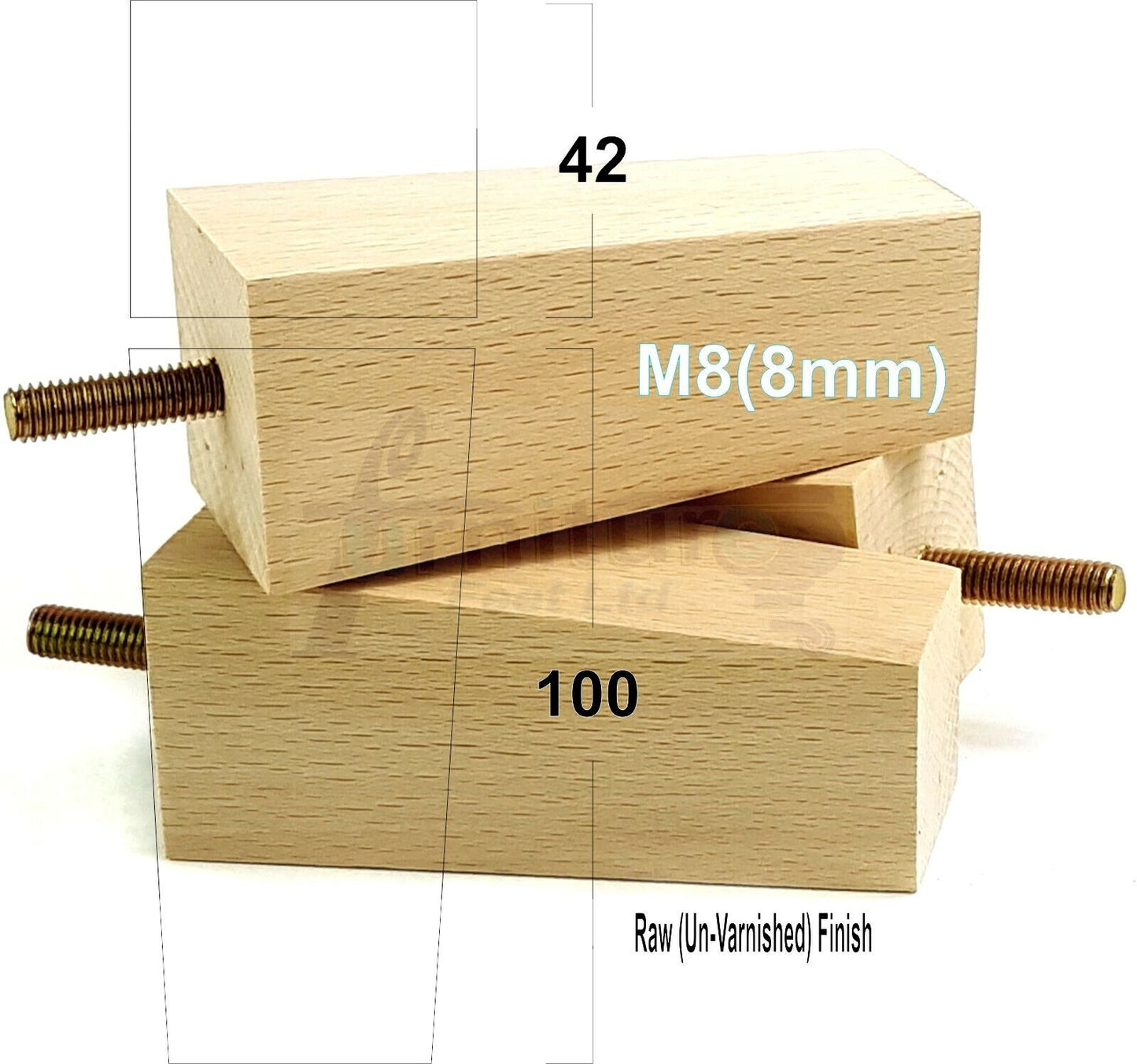 4x Solid Wood Block Furniture Legs Replacement Square Feet 100mm High M8(8mm)