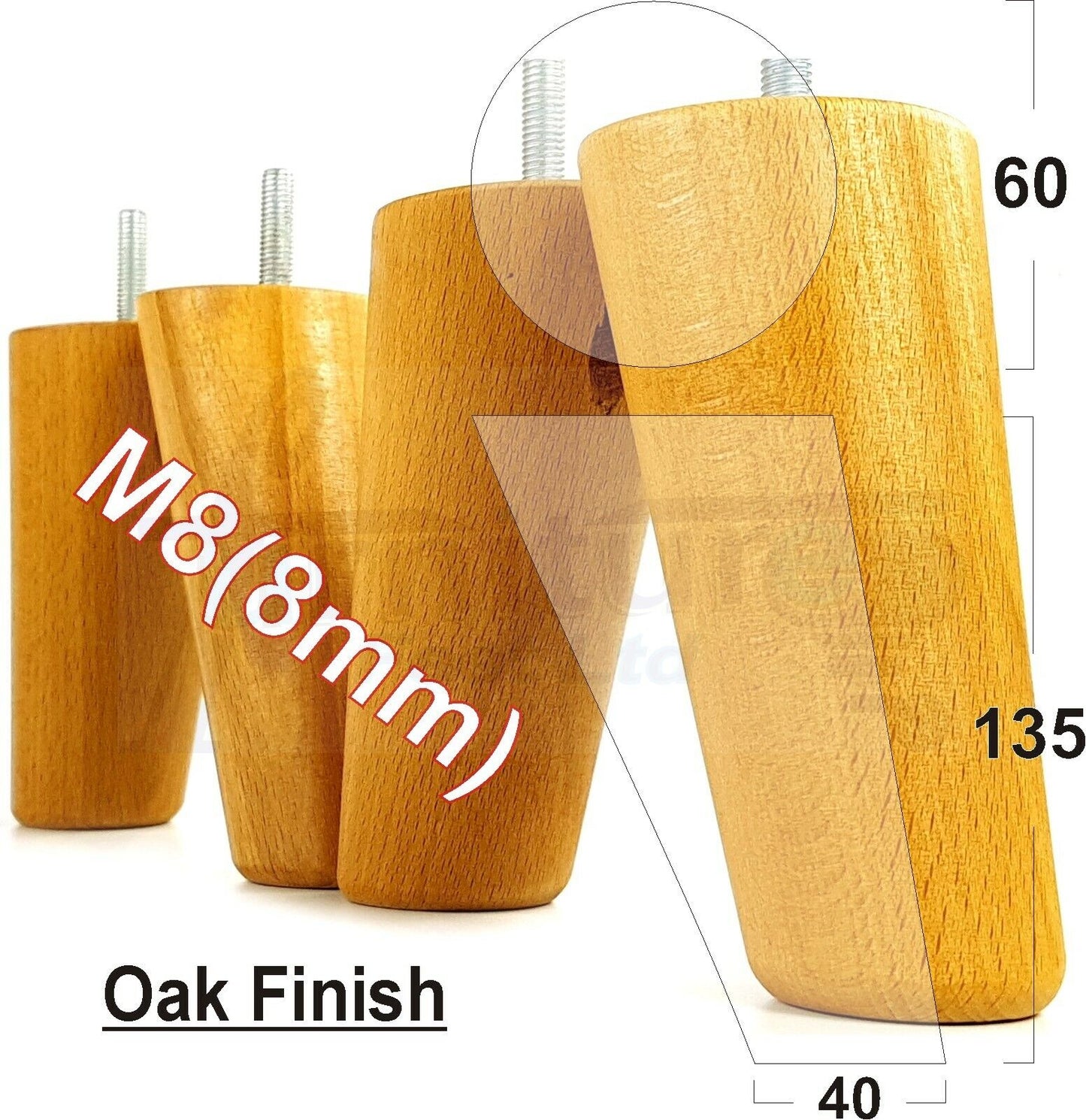 4 Solid Wood Turned Furniture Feet Replacement Mid Centry Angled Retro Legs 135mm High M8 Sofa Chairs Stools Cabinets Beds