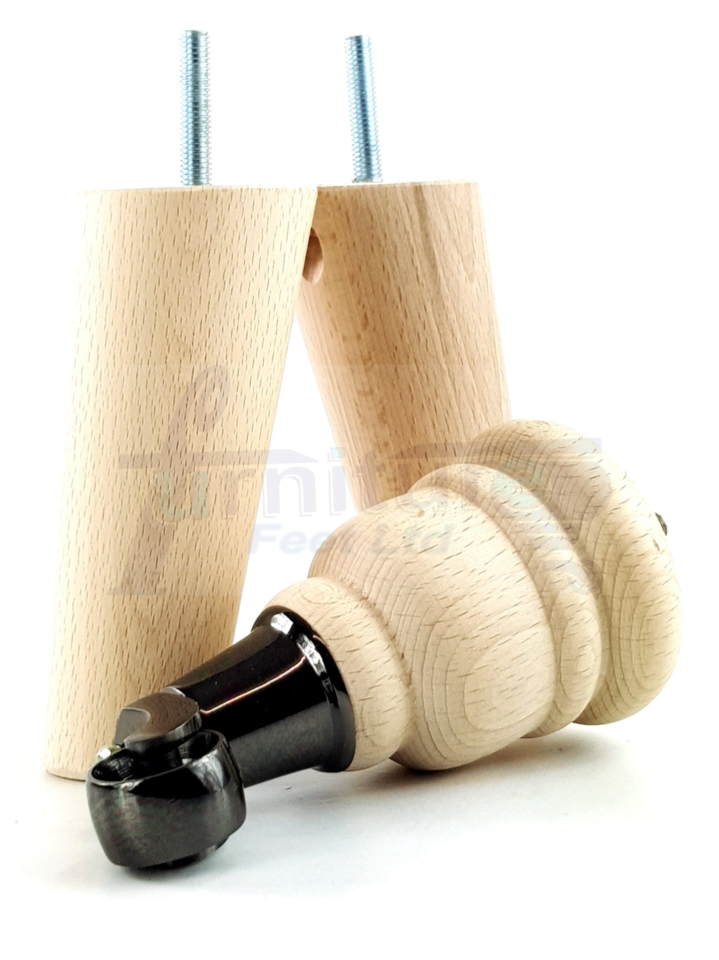 Raw Turned Wood Replacement Furniture Legs 2x with Black Castors and 2x Angled Back Legs M8 Dowl Fitting 155mm High 6 Inches