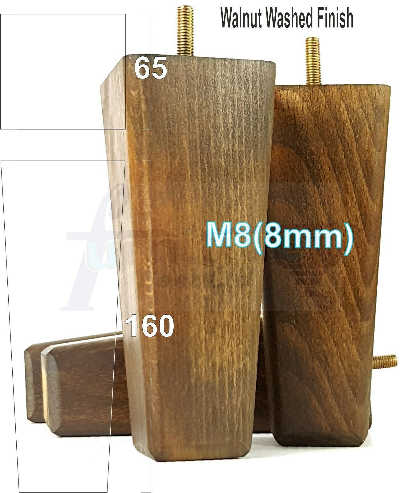 4x Wooden Furniture Legs 160mm High Replacement Square Tapered Feet 8mm