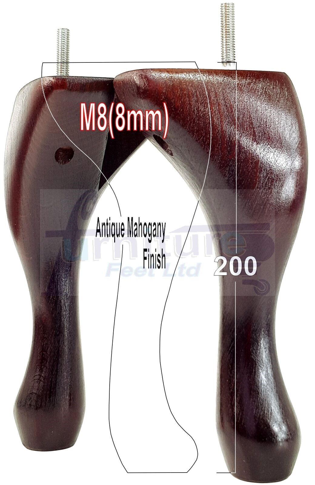 4 Solid Wood Furniture Feet 200mm High Vintage Queen Anne Replacement Legs M8 8 Inches