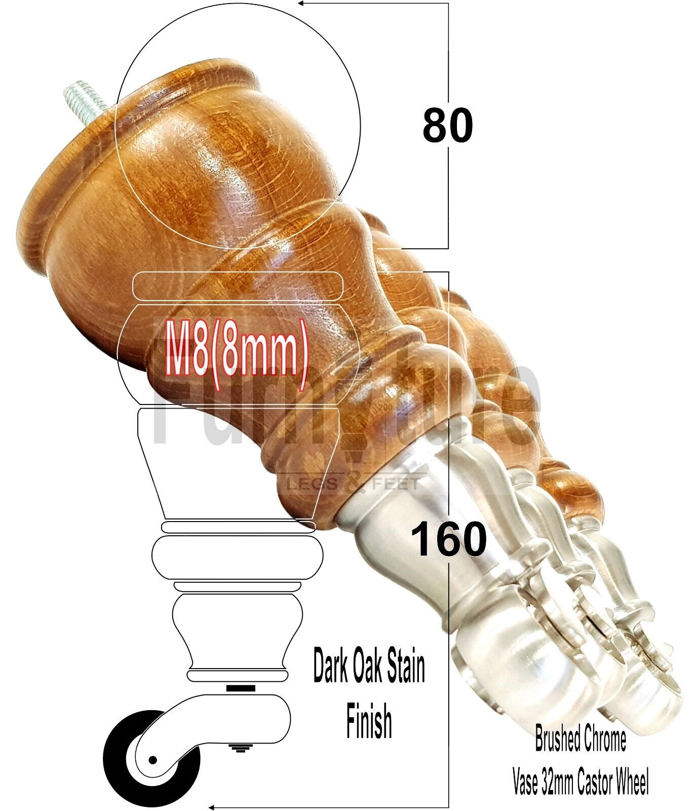 4 Turned Wood Feet Dark Oak Stain Castor Legs Chair Furniture Stools Sofa Chairs M8 160mm 6 Inch High