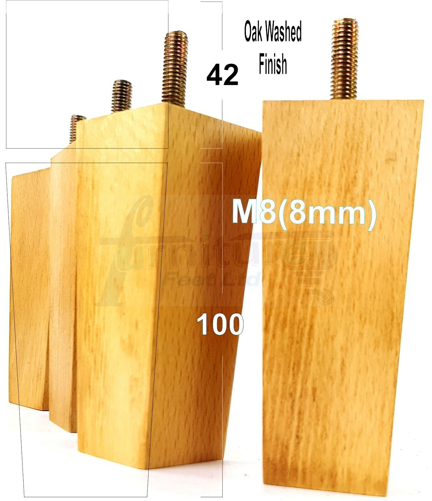 4x Solid Wood Block Furniture Legs Replacement Square Feet 100mm High M8(8mm)