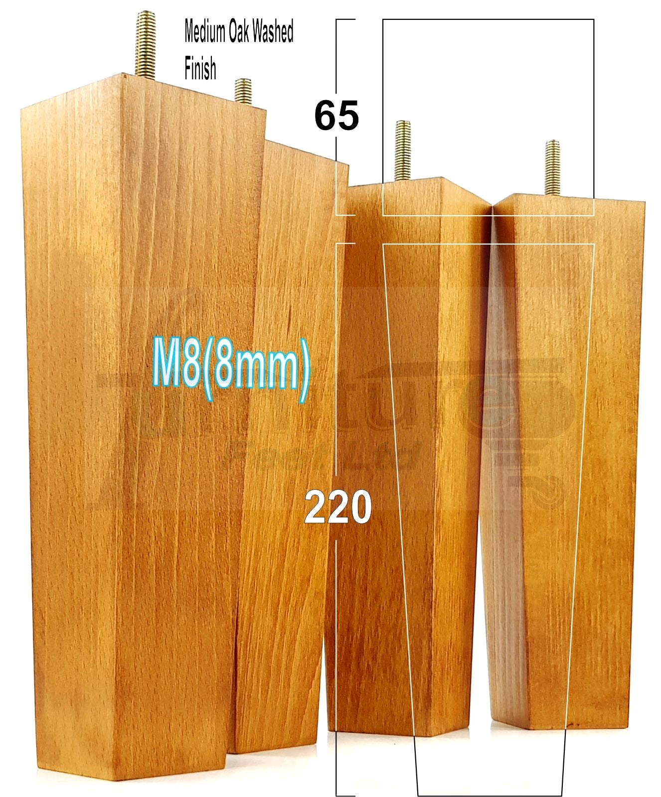 4 Solid Wood Furniture Feet Square Replacement Block Tapered Legs 230mm High M8 Sofa Chairs Stools Cabinets Beds