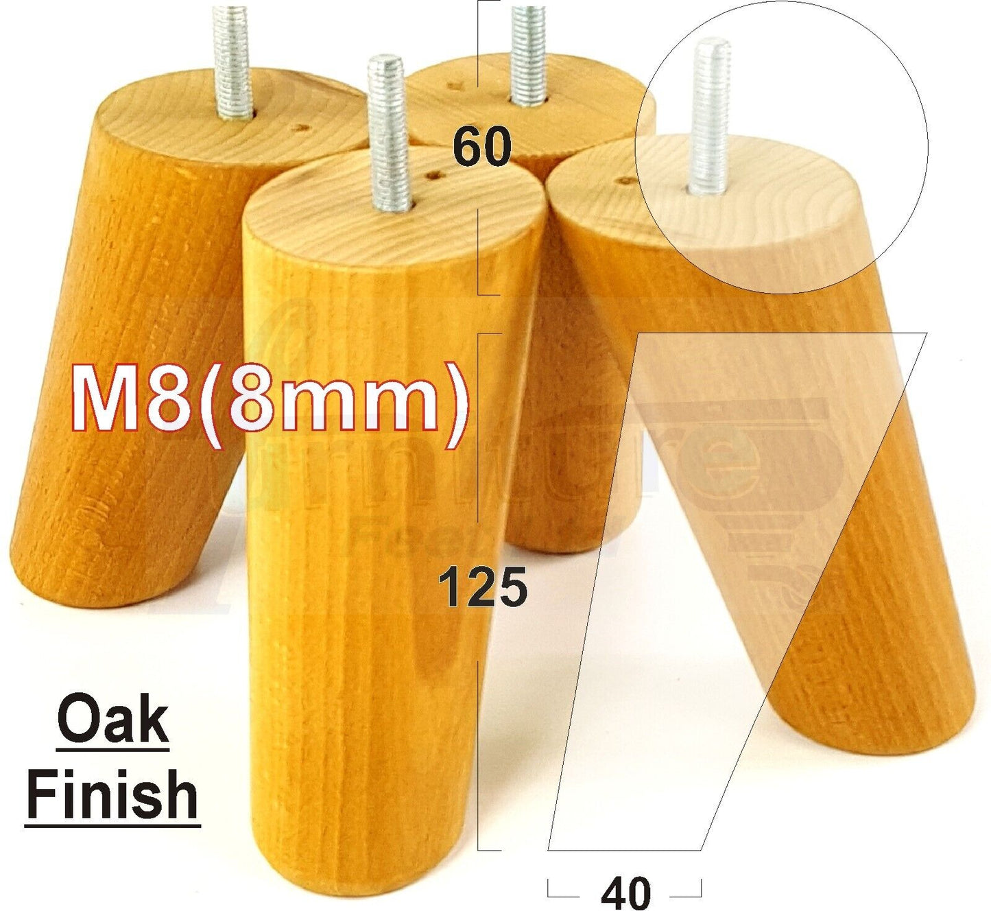 4 Solid Wood Turned Furniture Feet Replacement Mid Centry Angled Retro Legs 125mm High M8 Sofa Chairs Stools Cabinets Beds