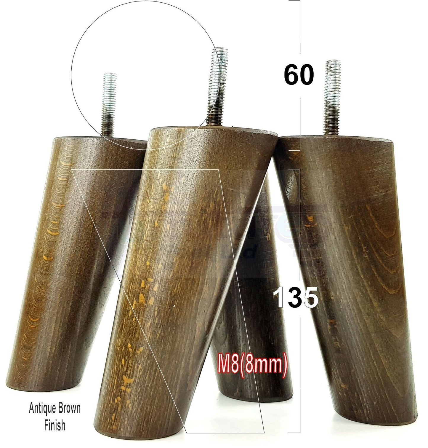 4 Solid Wood Turned Furniture Feet Replacement Mid Centry Angled Retro Legs 135mm High M8 Sofa Chairs Stools Cabinets Beds