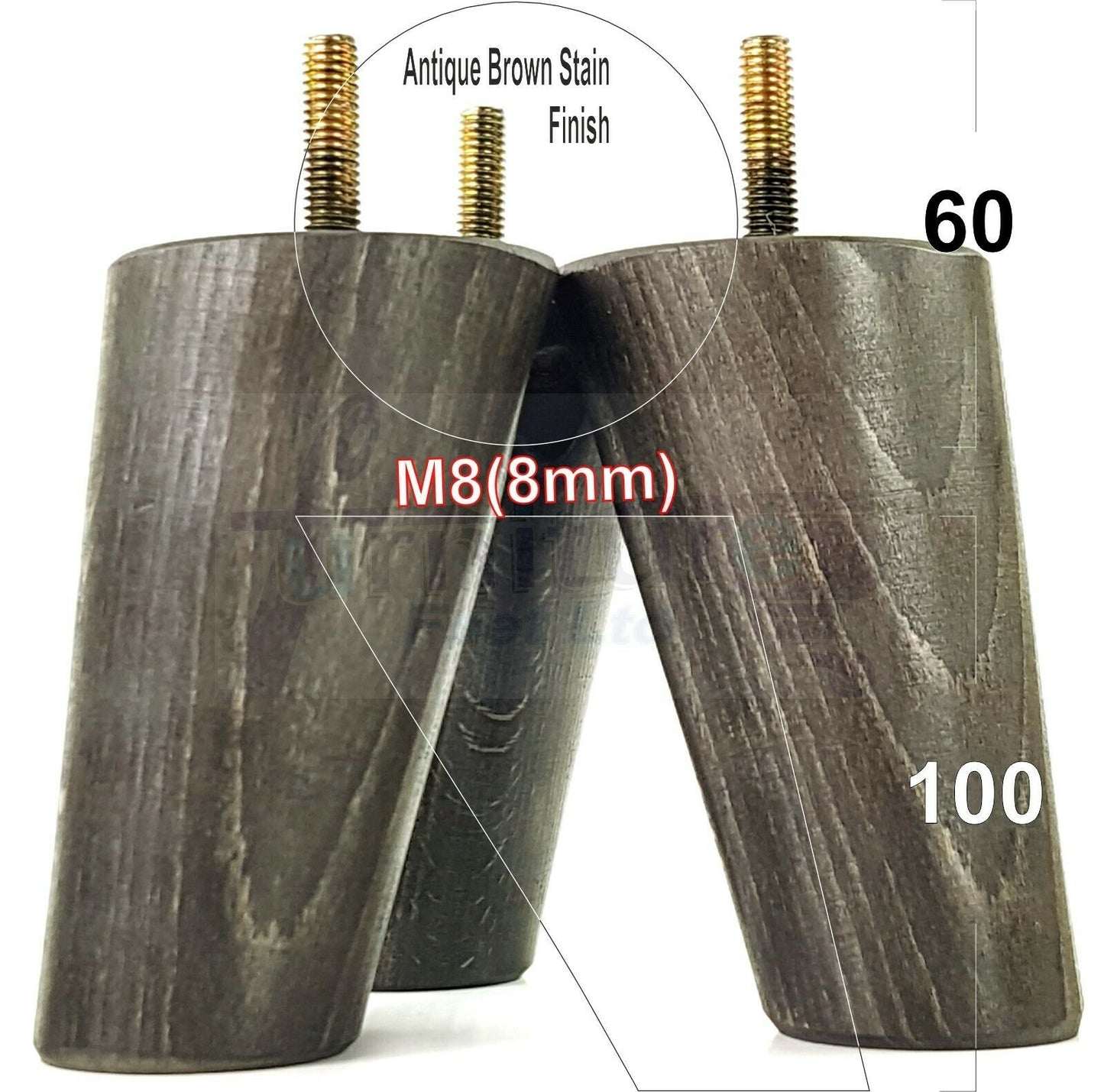4 Solid Wood Turned Furniture Feet Replacement Mid Centry Angled Retro Legs 100mm High M8 Sofa Chairs Stools Cabinets Beds