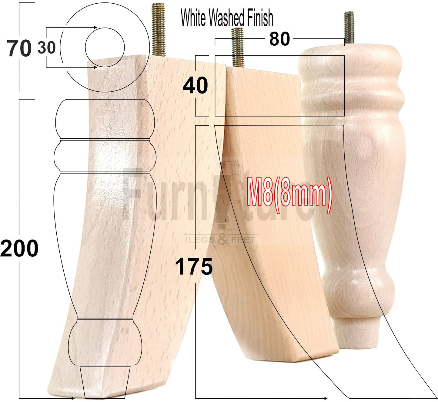 2 Turned Furniture Feet Replacement Sofa Legs 200mm & 2 Curved Back Legs 185mm for Chairs Sofa Settee Cabinets M8