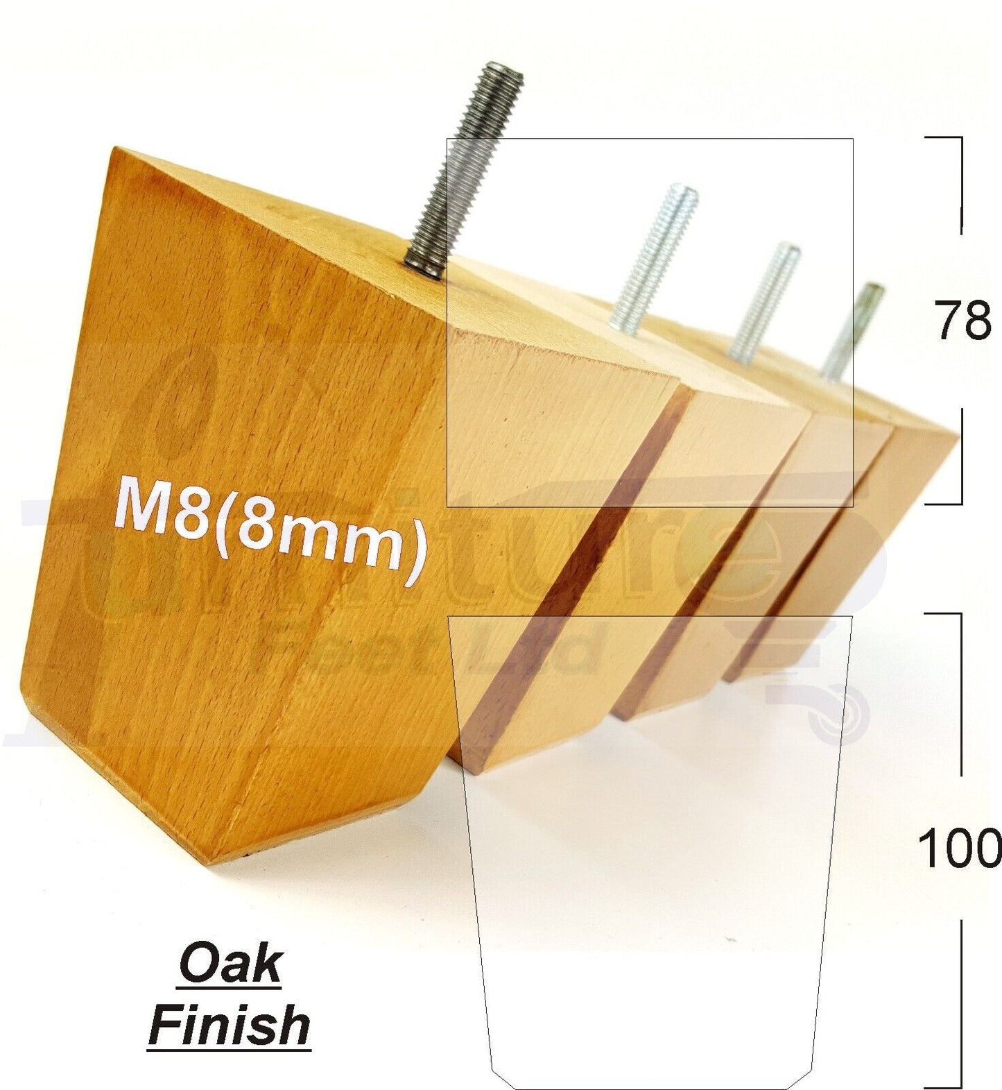 Set Of 4 Square Block Solid Wood Furniture Feet Replacement Legs 100mm High M8(8mm)