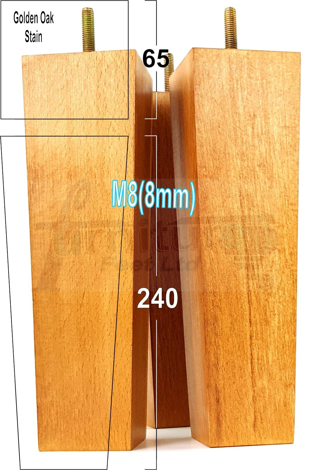 4 Solid Wood Furniture Legs Square Replacement Block Tapered Legs 240mm High M8 Thread