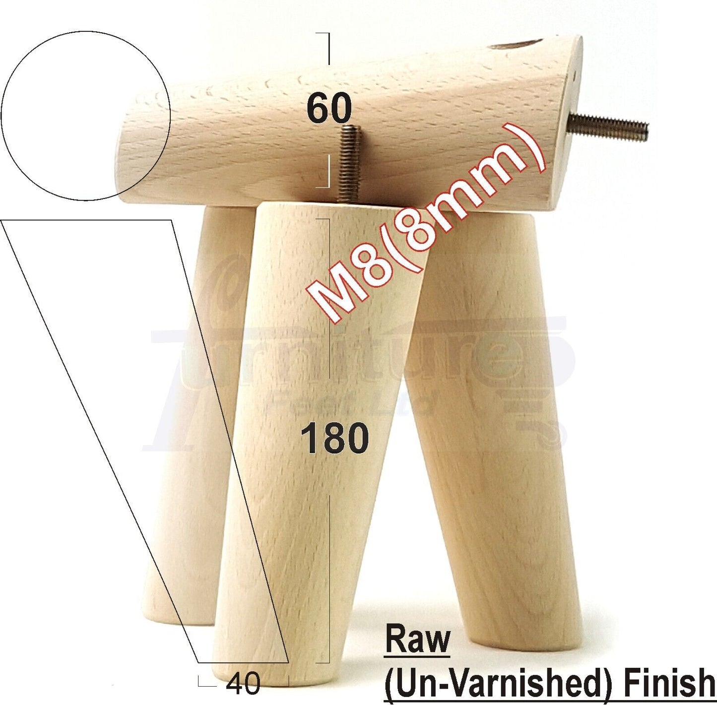 4 Solid Wood Turned Furniture Feet Replacement Mid Centry Angled Retro Legs 180mm High M8 Sofa Chairs Stools Cabinets Beds