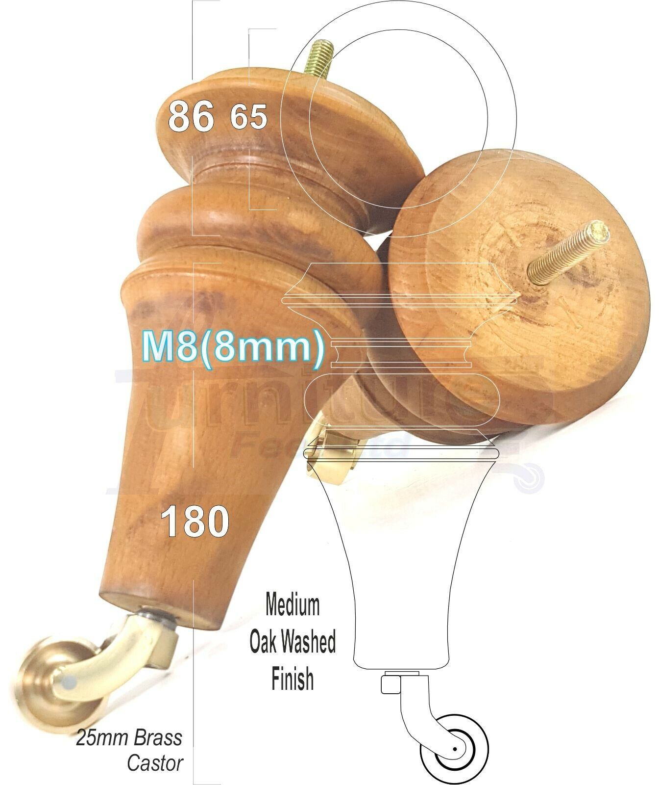 4x Turned Furniture Legs With Brass Castors 180mm High M8(8mm) Replacement Feet
