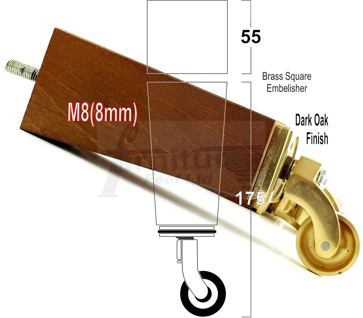 4x Solid Wood Furniture Legs Chair Sofa Bed Replacement Feet 175mm High With Brass Castors 8mm Thread