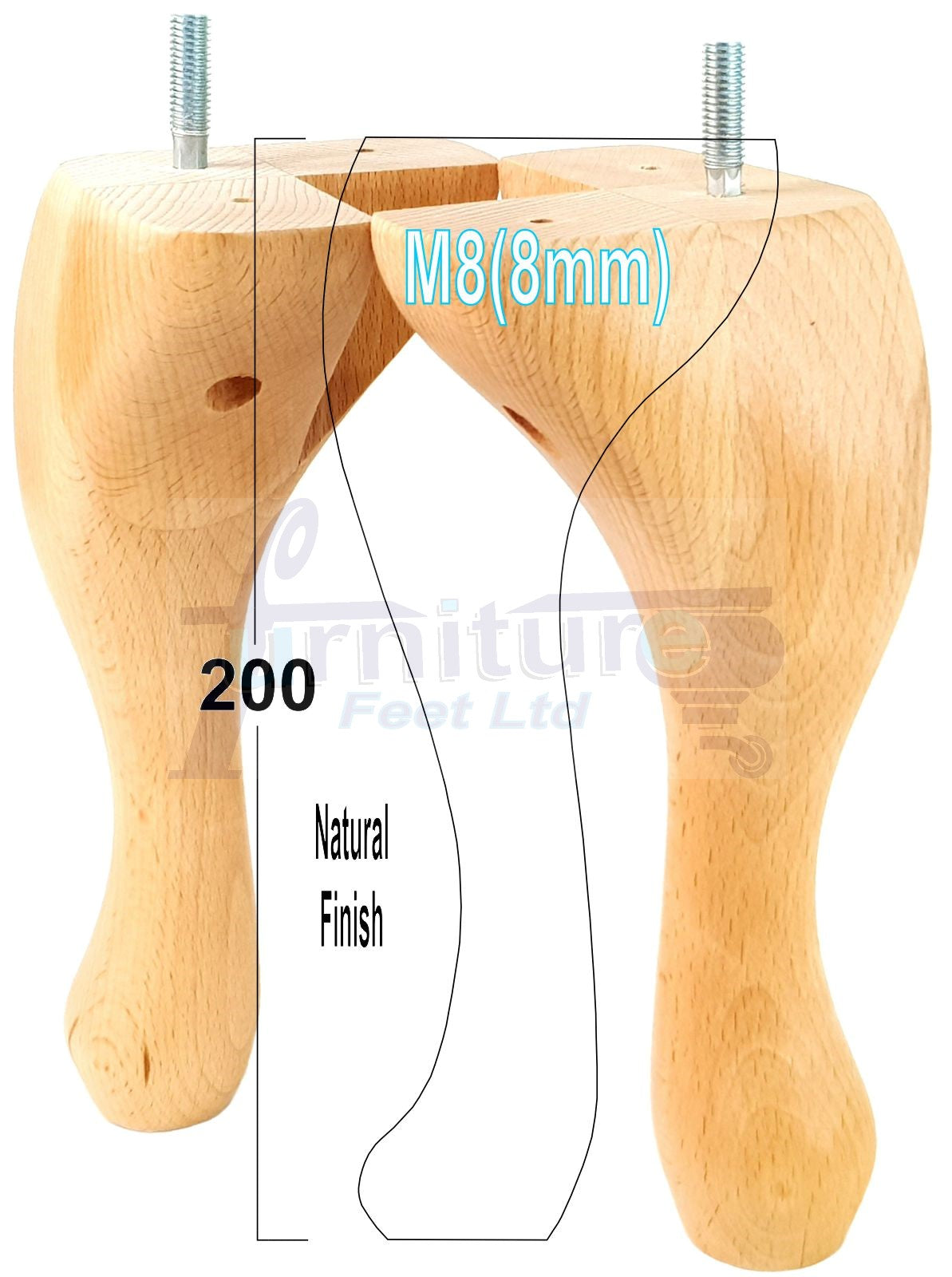 4 Solid Wood Furniture Feet 200mm High Vintage Queen Anne Replacement Legs M8 8 Inches