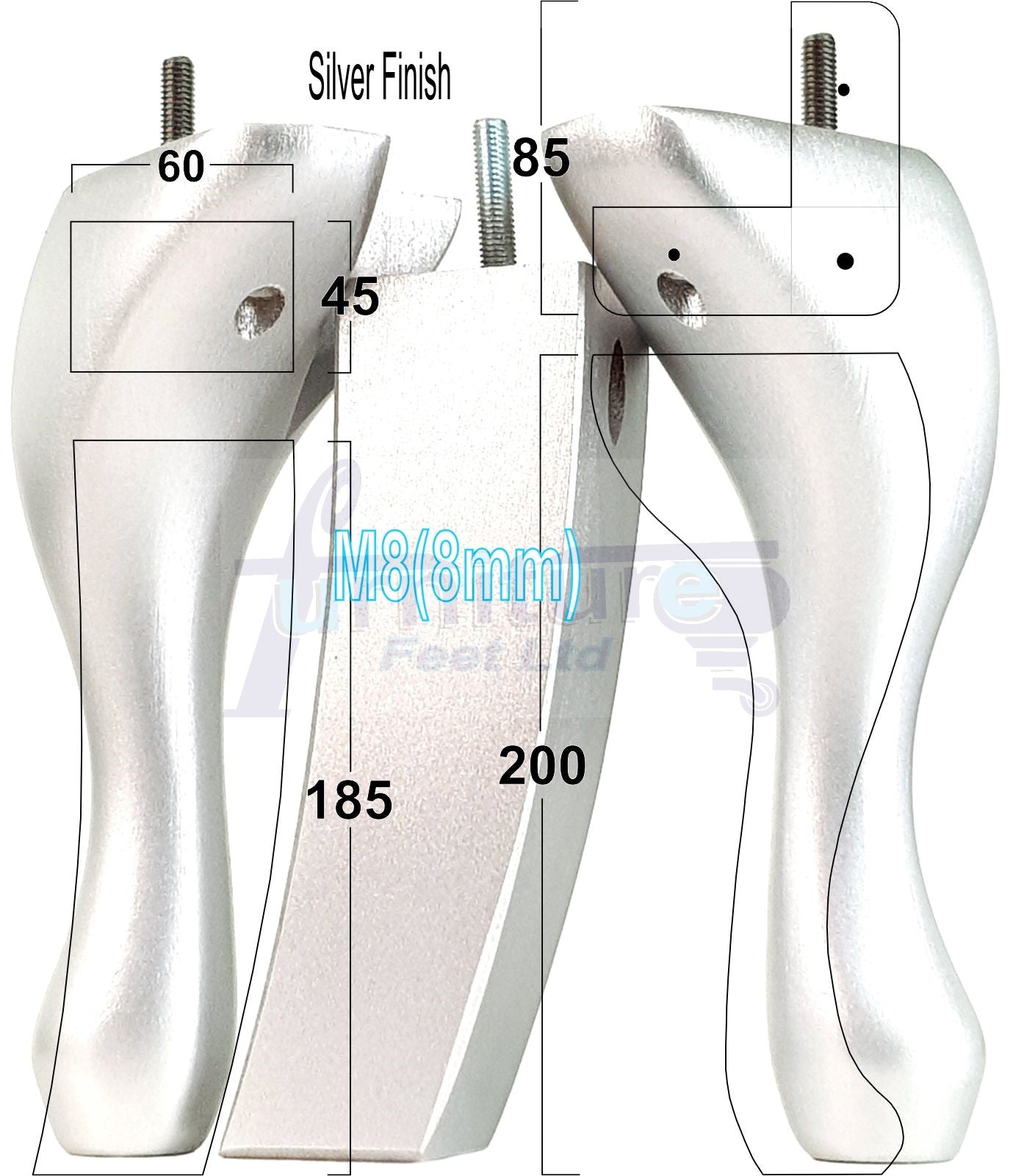2x Vintage Queen Anne Replacement Furniture Legs & 2x Curved Back Feet 200mm High 8mm Thread