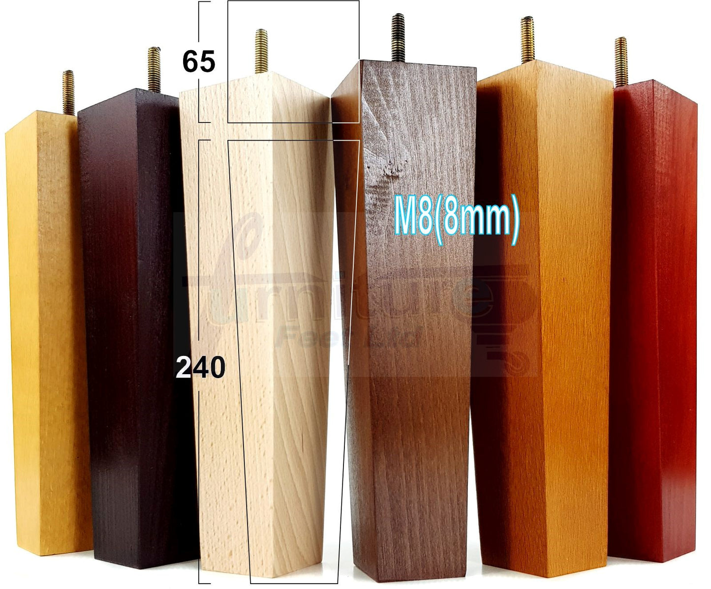 4 Solid Wood Furniture Feet Square Replacement Block Tapered Legs 240mm High M8 Sofa Chairs Stools Cabinets Beds