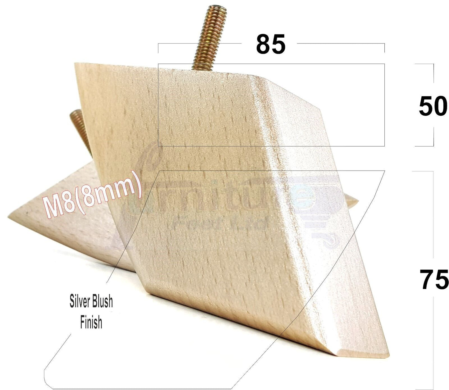 SET OF 4 WOODEN FURNITURE FEET 75mm HIGH REPLACEMENT SOFA LEGS 8mm Thread