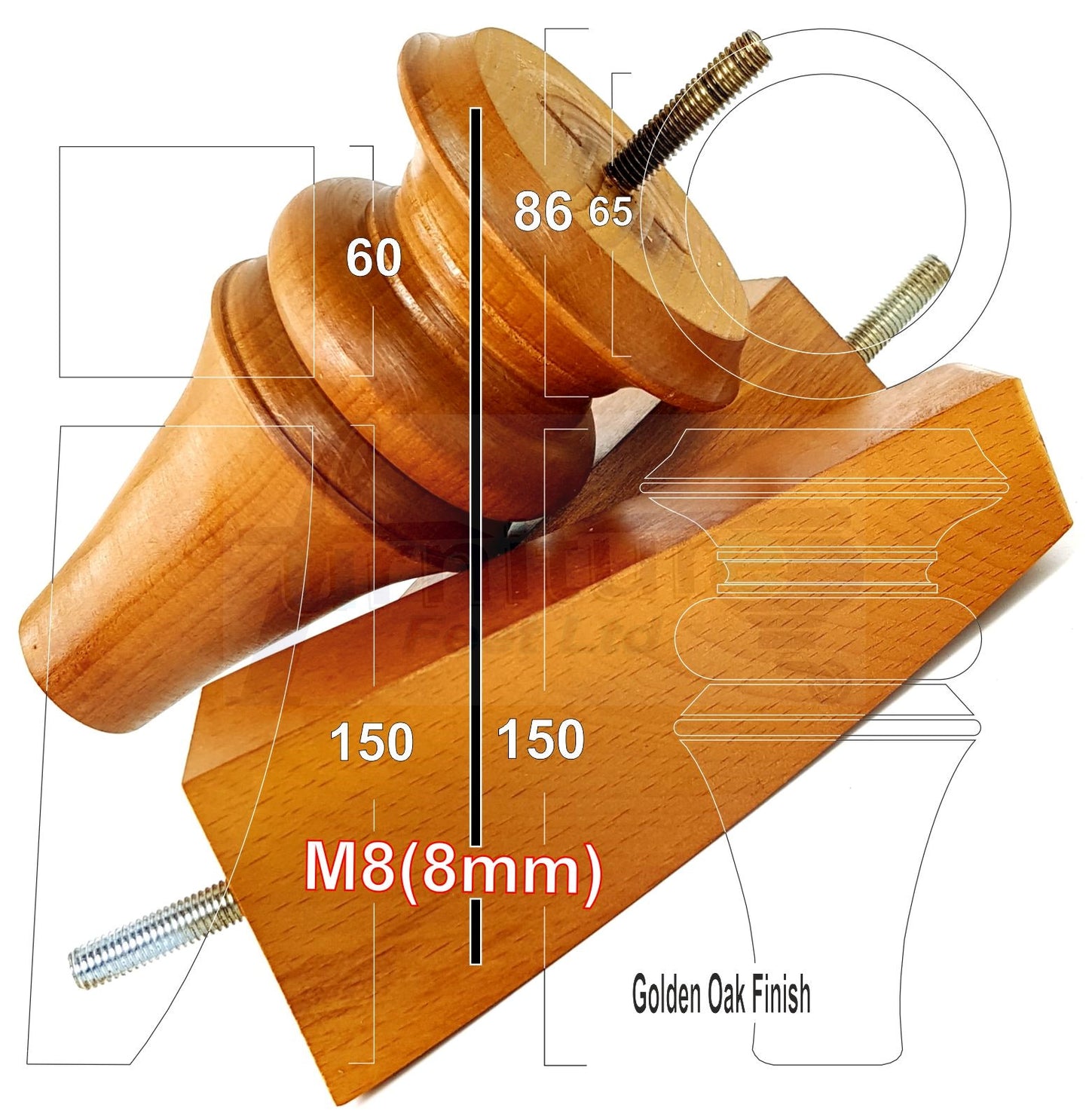 2x Turned & 2x Curved Back Wooden Feet Replacement Furniture Legs 150mm M8(8mm)