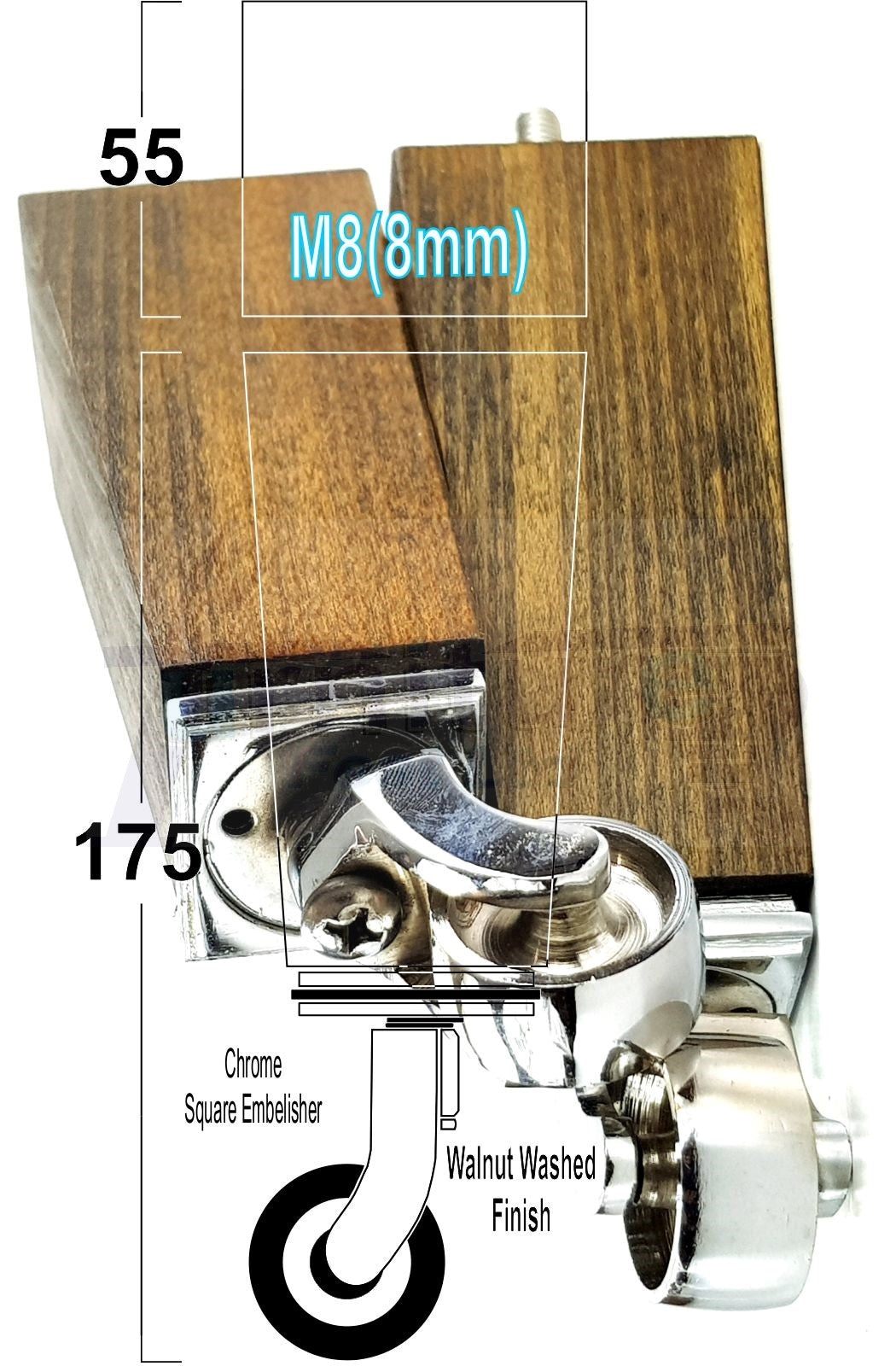 4x Solid Wood Furniture Legs Chair Sofa Bed Replacement Feet 175mm High With Chrome Castors 8mm Thread